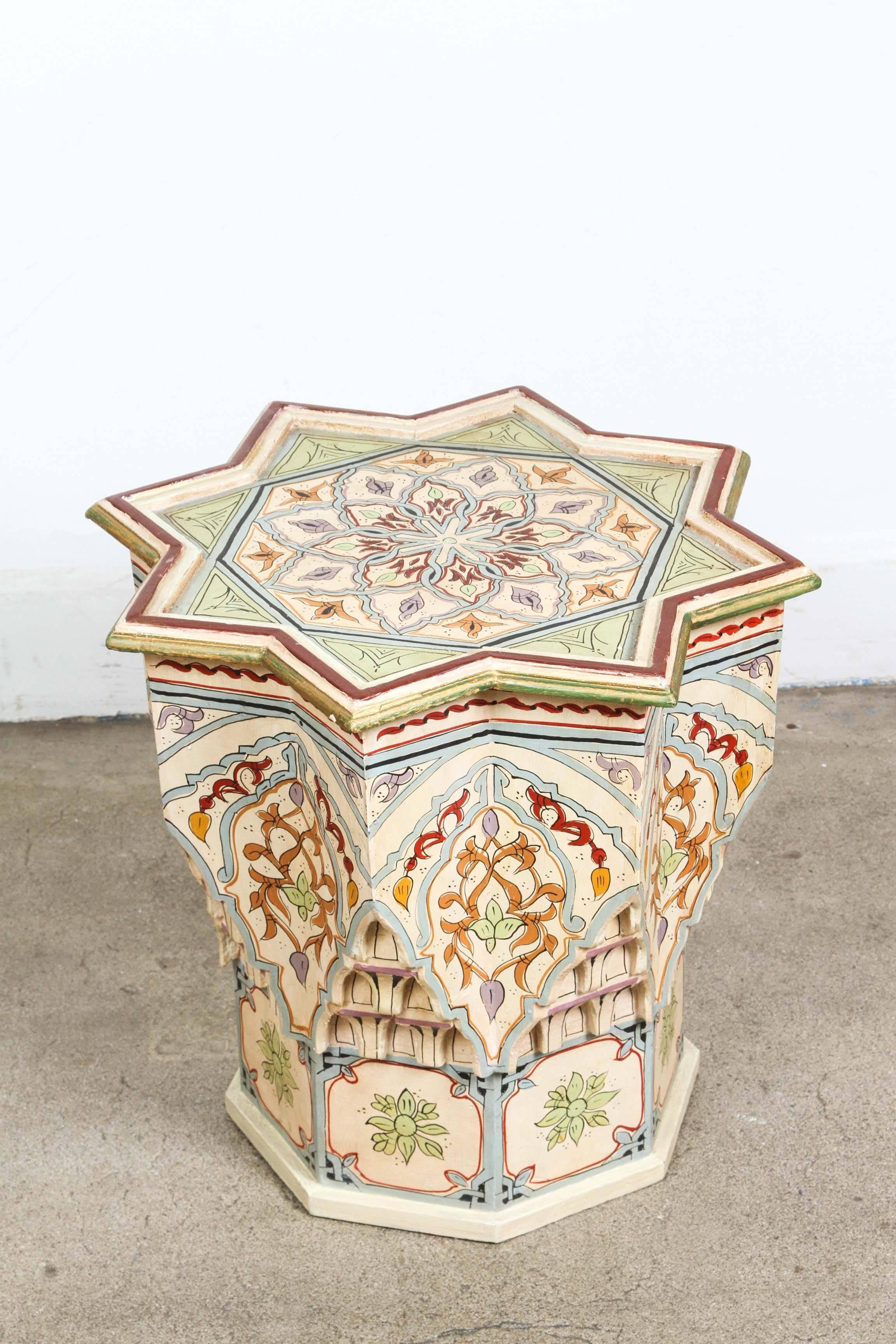 Wood Vintage Moroccan Hand-Painted Side Table Ivory Color