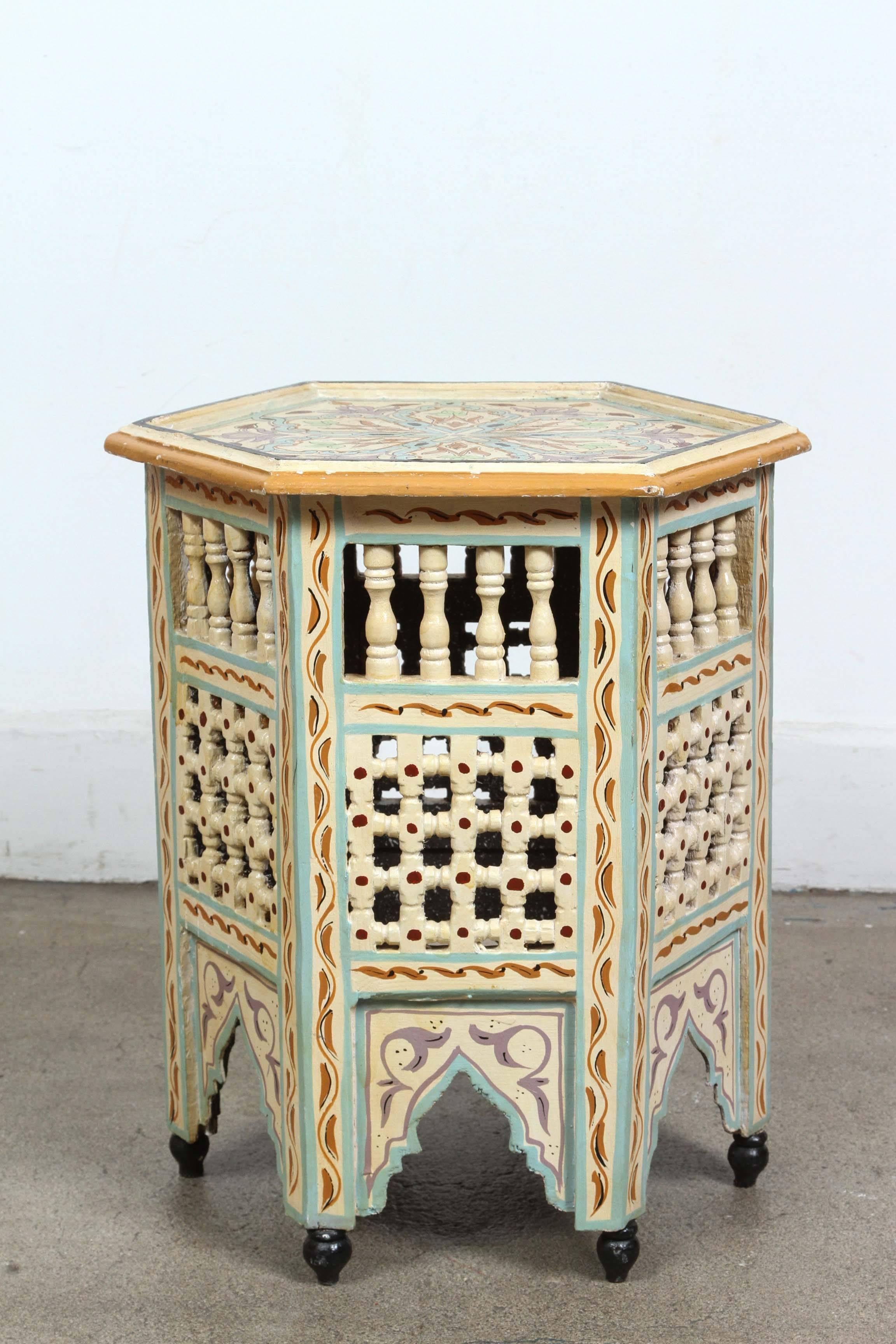 Moorish Moroccan Side Table Hand-Painted in Ivory and Blue Colors