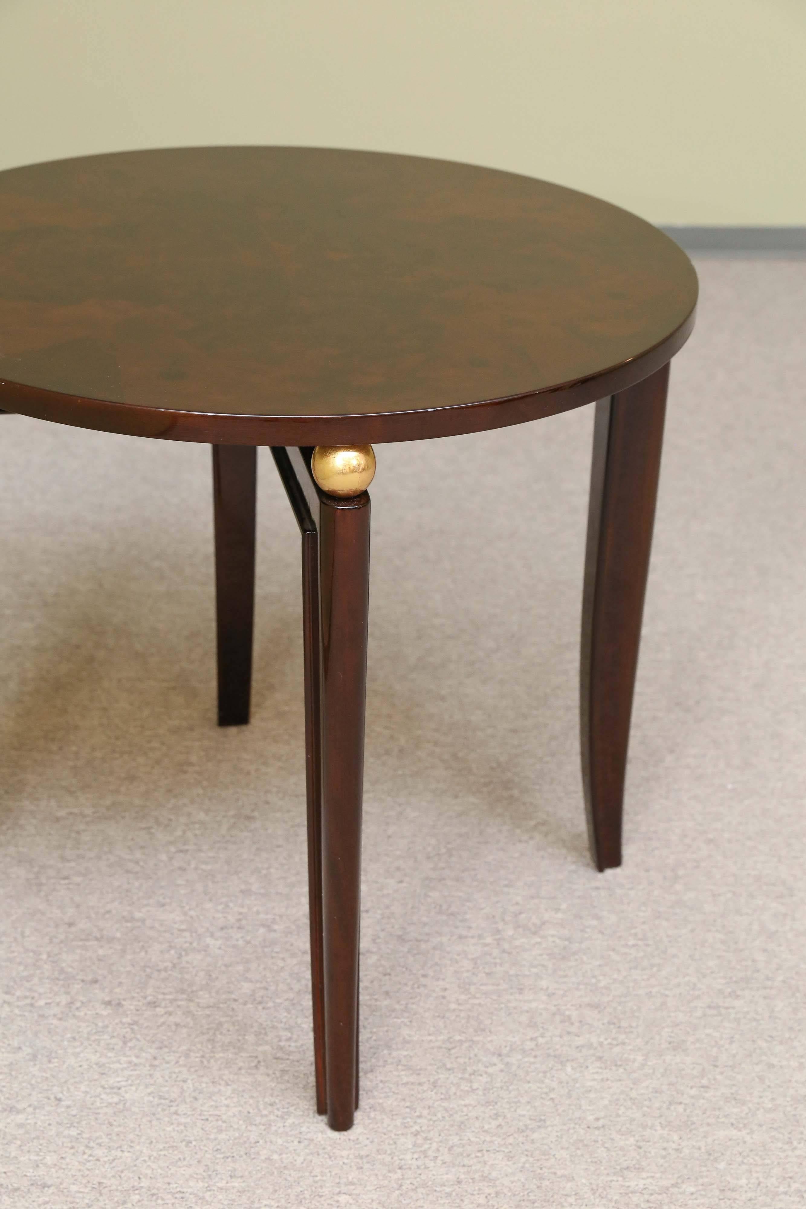 Brass Round French Art Deco Side Tables in Walnut