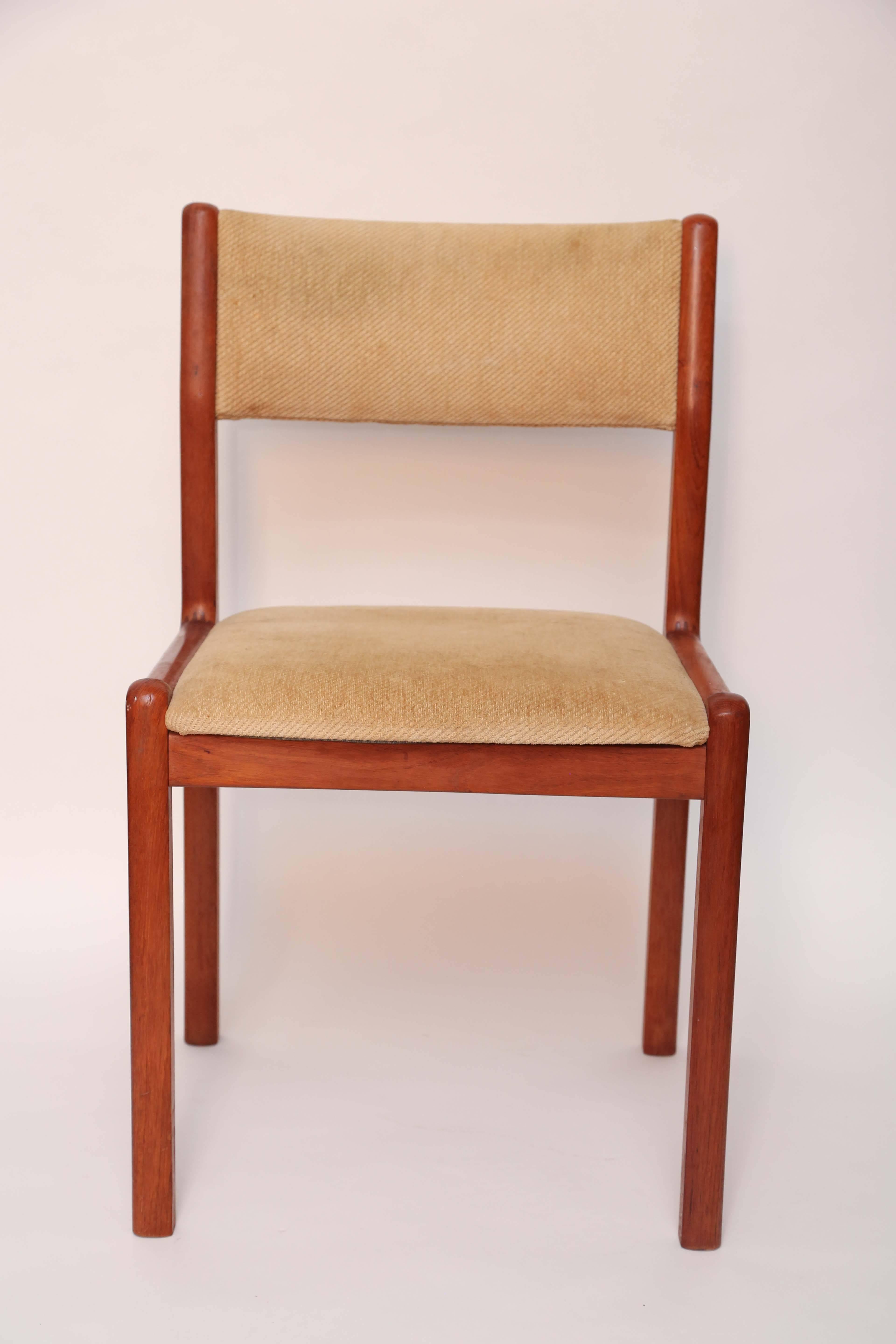 Original condition, as found, teak dining chairs by Moller.