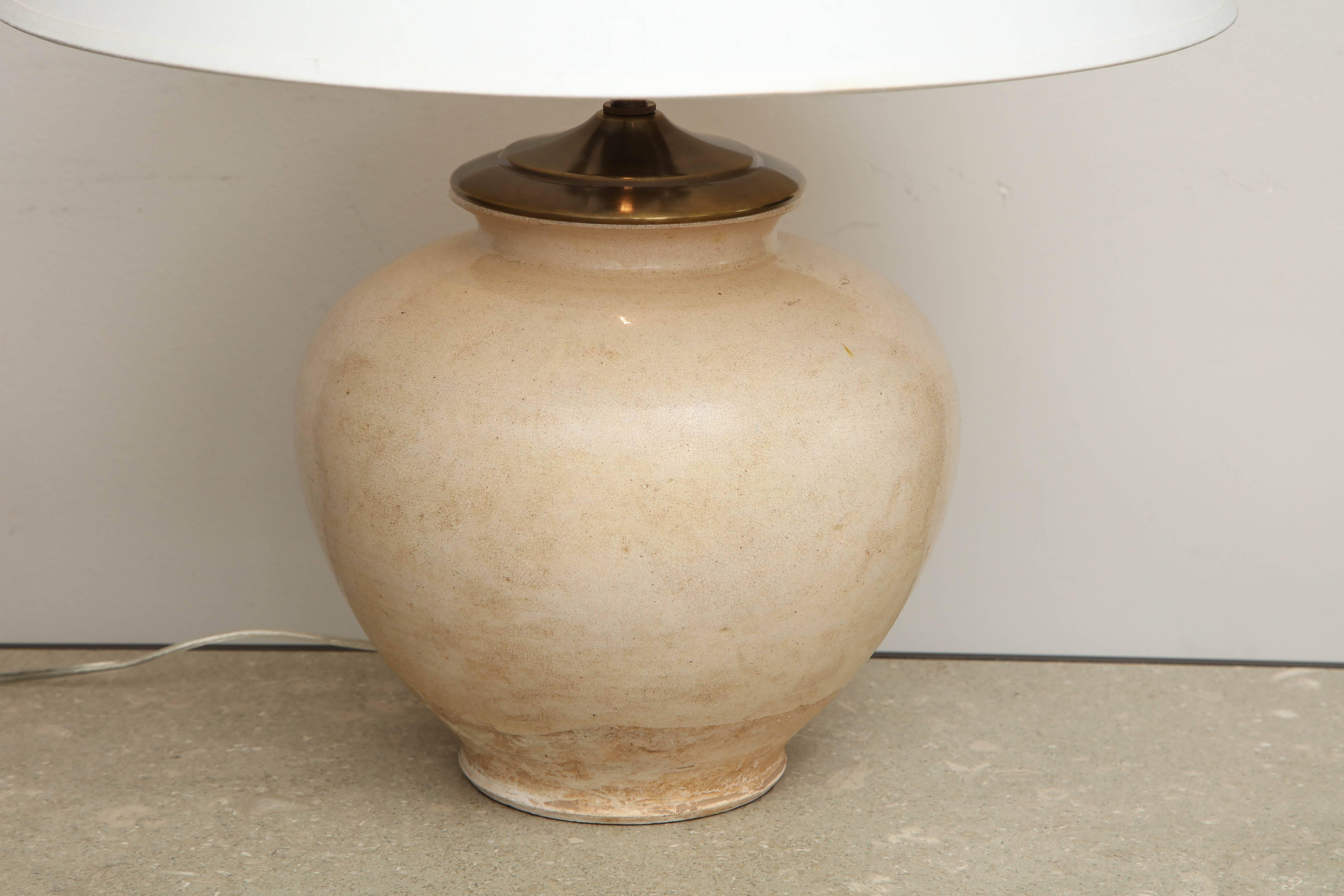 Late 19th century terracotta wine vessel lamp, white glaze,
Chinese.