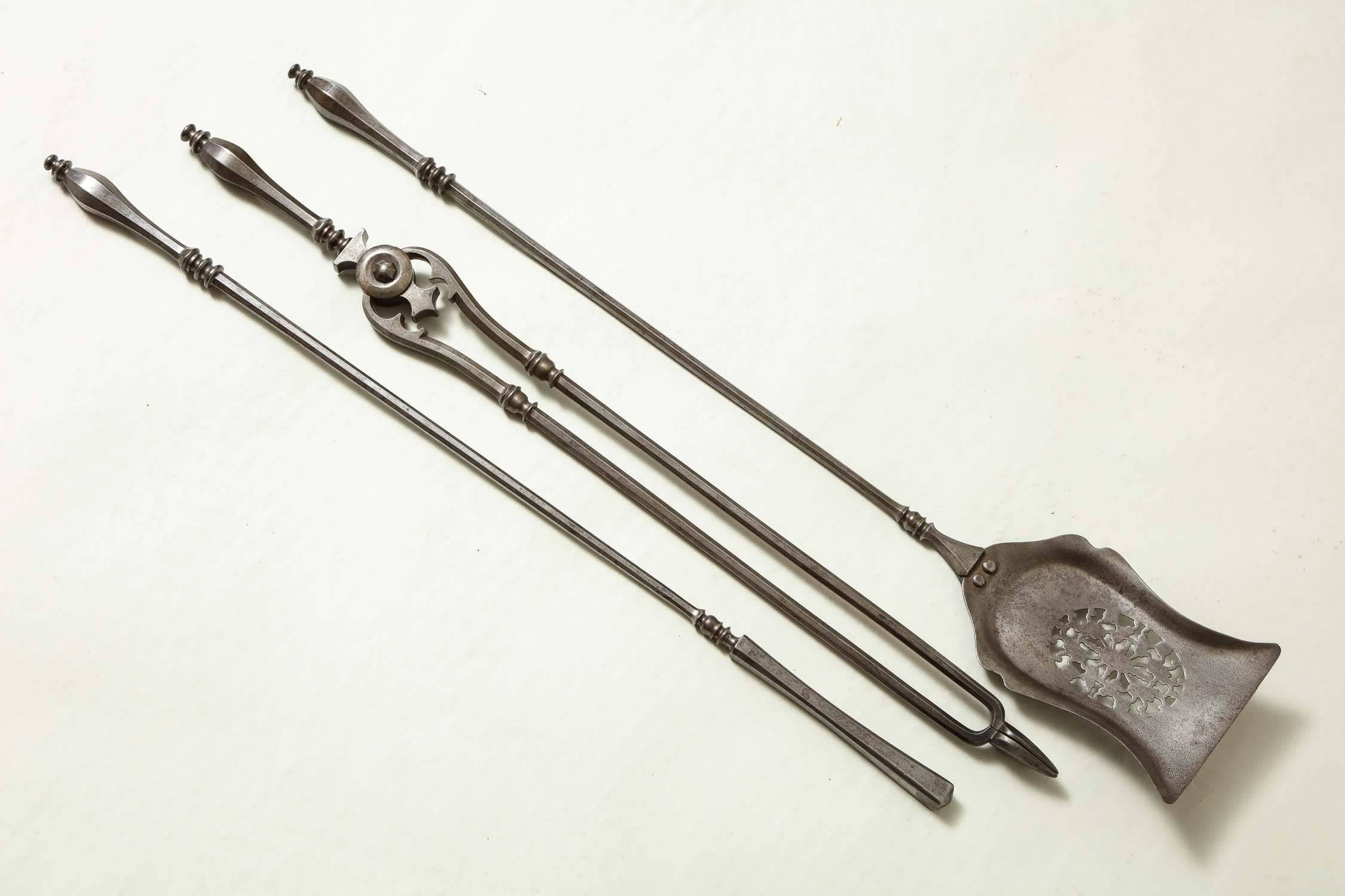 Mid-19th Century Elegant Set of Steel Fire Tools For Sale