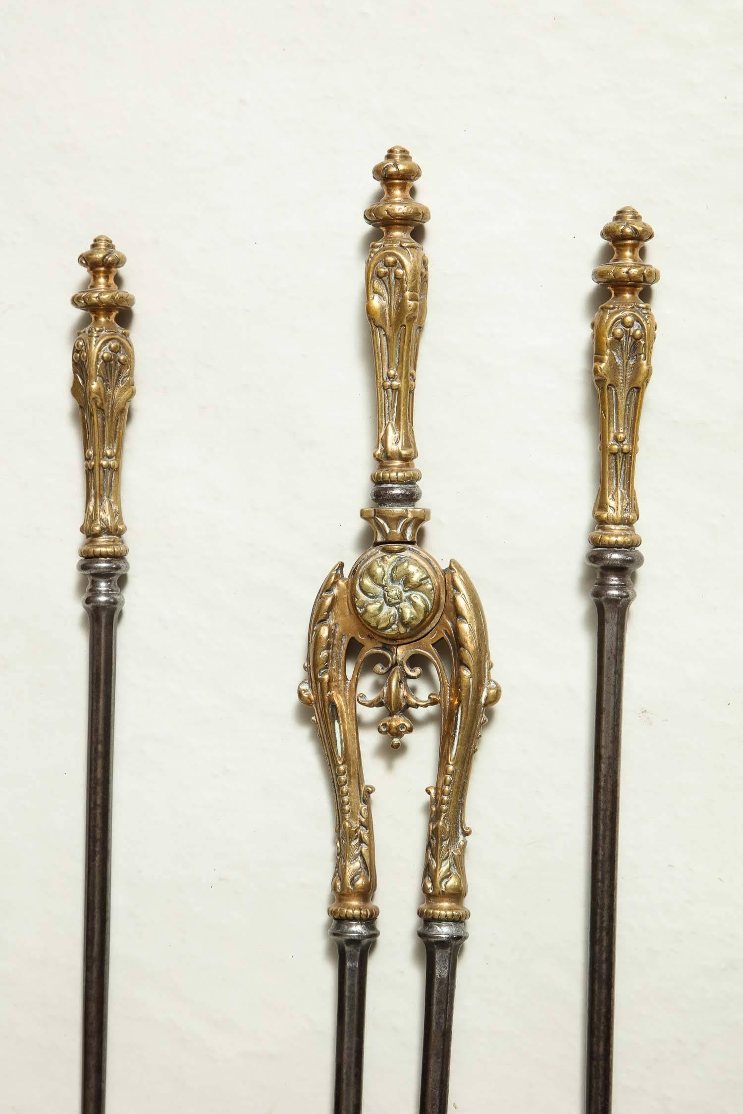 English Very Fine Set of Bronze Handled Fire Tools For Sale