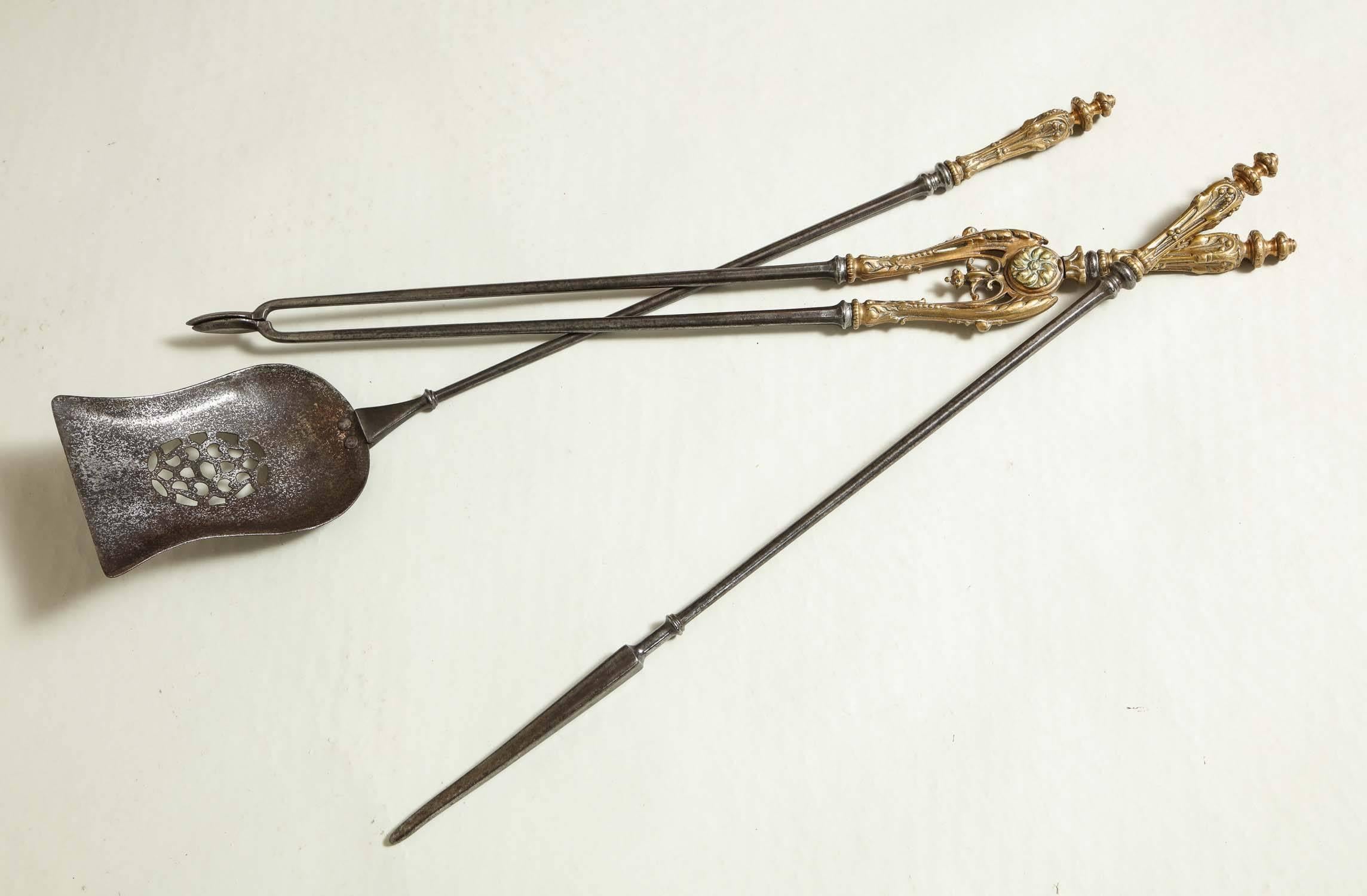 Mid-19th Century Very Fine Set of Bronze Handled Fire Tools For Sale