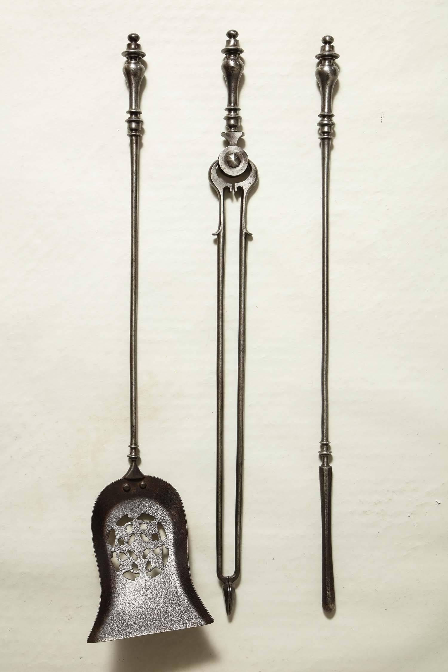 19th Century Fine Set of Steel Fire Tools For Sale