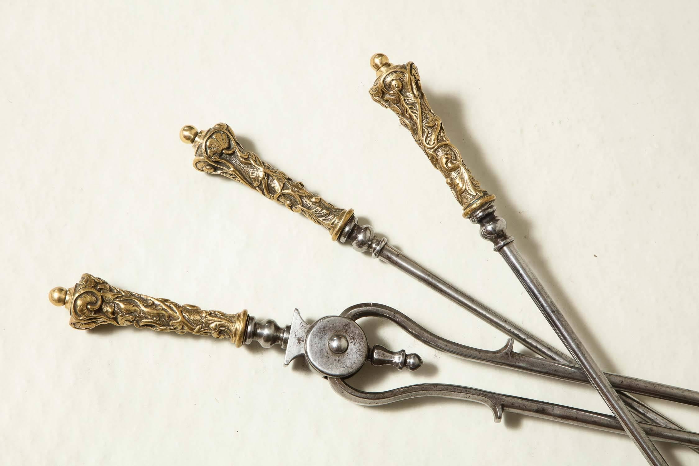 Mid-19th Century Fine Set of Bronze and Steel Fire Tools For Sale