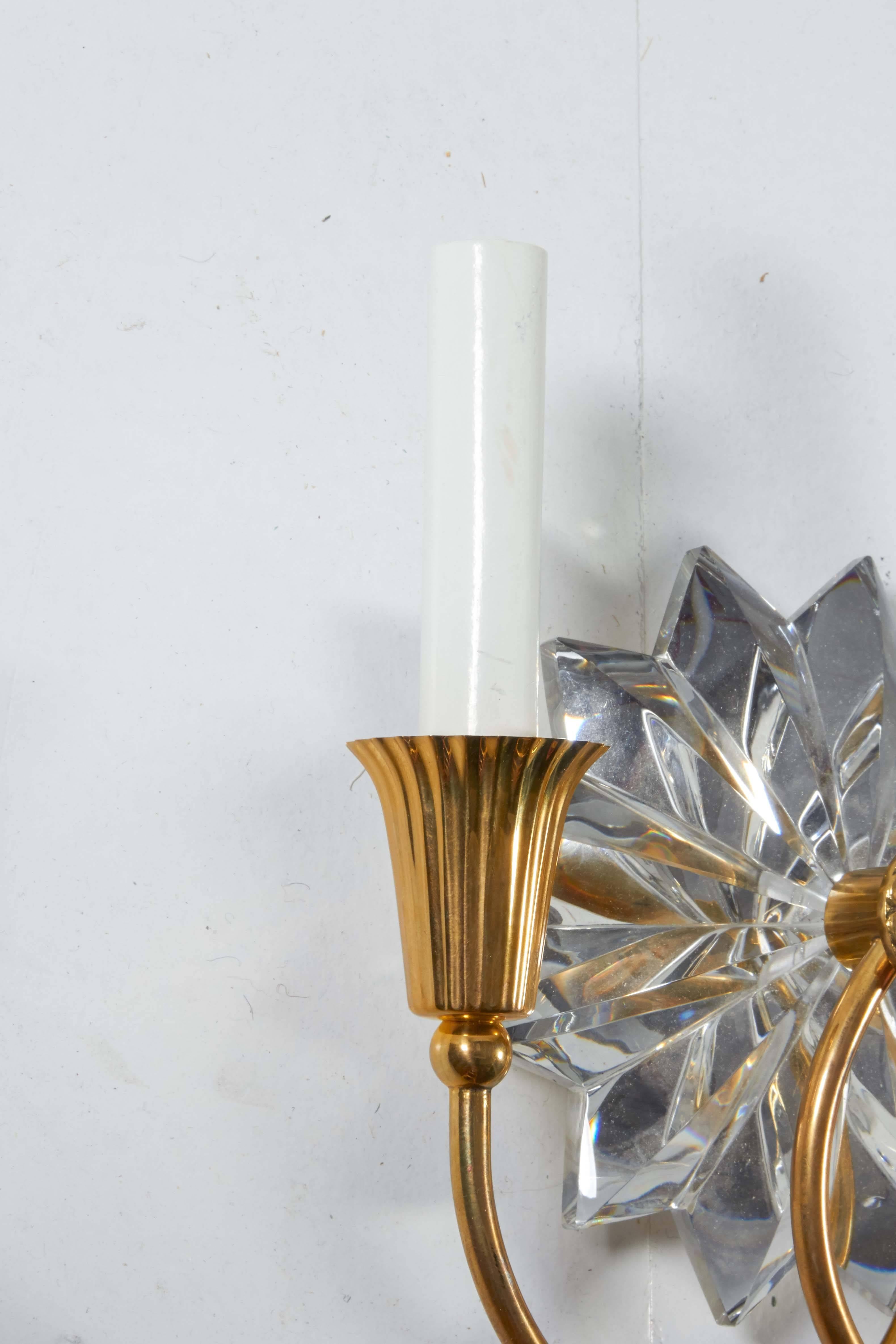 Contemporary Pair of Brass and Crystal Wall Sconces