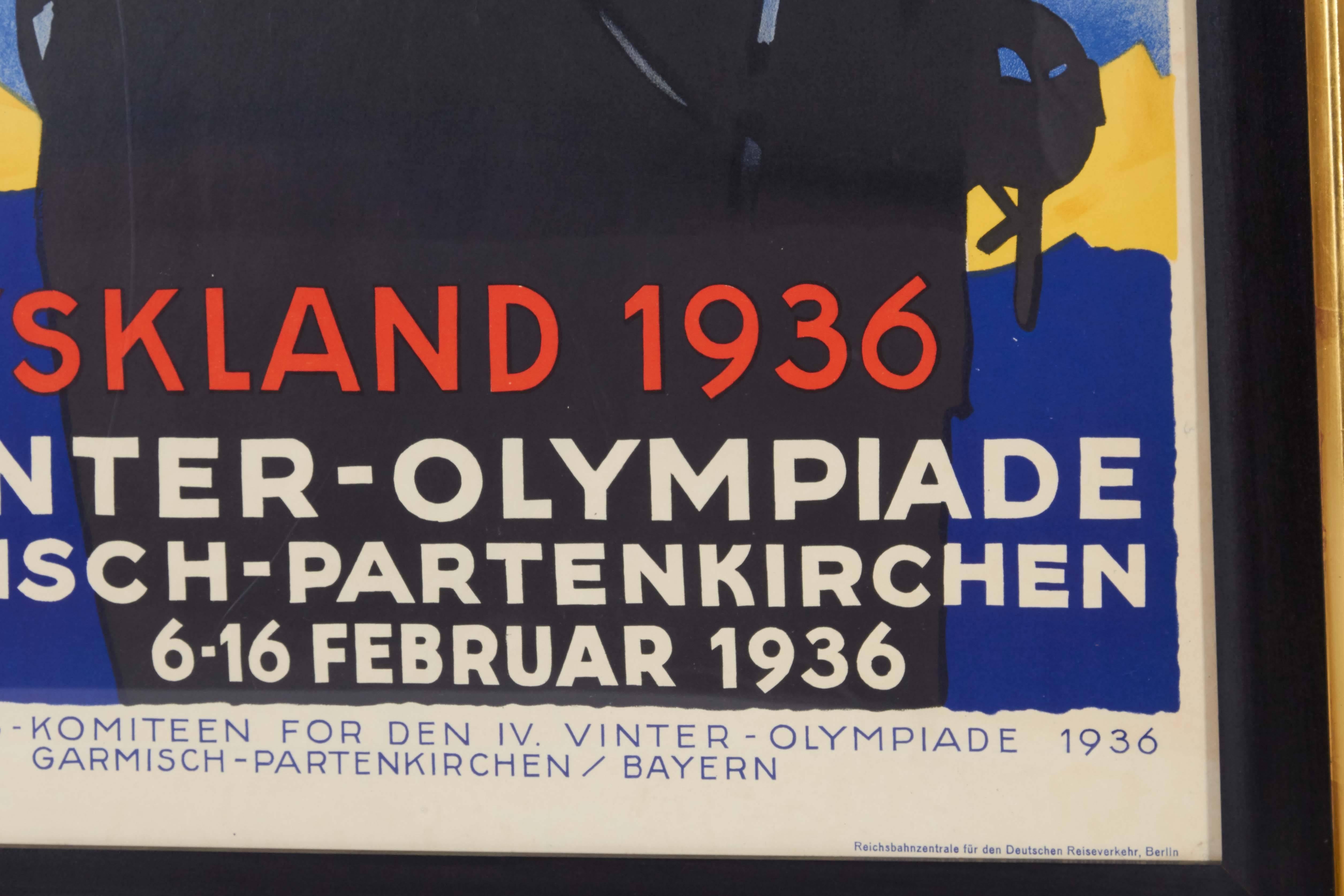 Olympic poster with text in Danish: Tyskland 1936, IV Winter Olympiade, Garmisch-Partenkirchen 6-16 February 1936. Dynamic image depicting a close up view of a skier. Artwork by Ludwig Hohlwein (1874-1949). Published by the Reichsbahn Centrale for