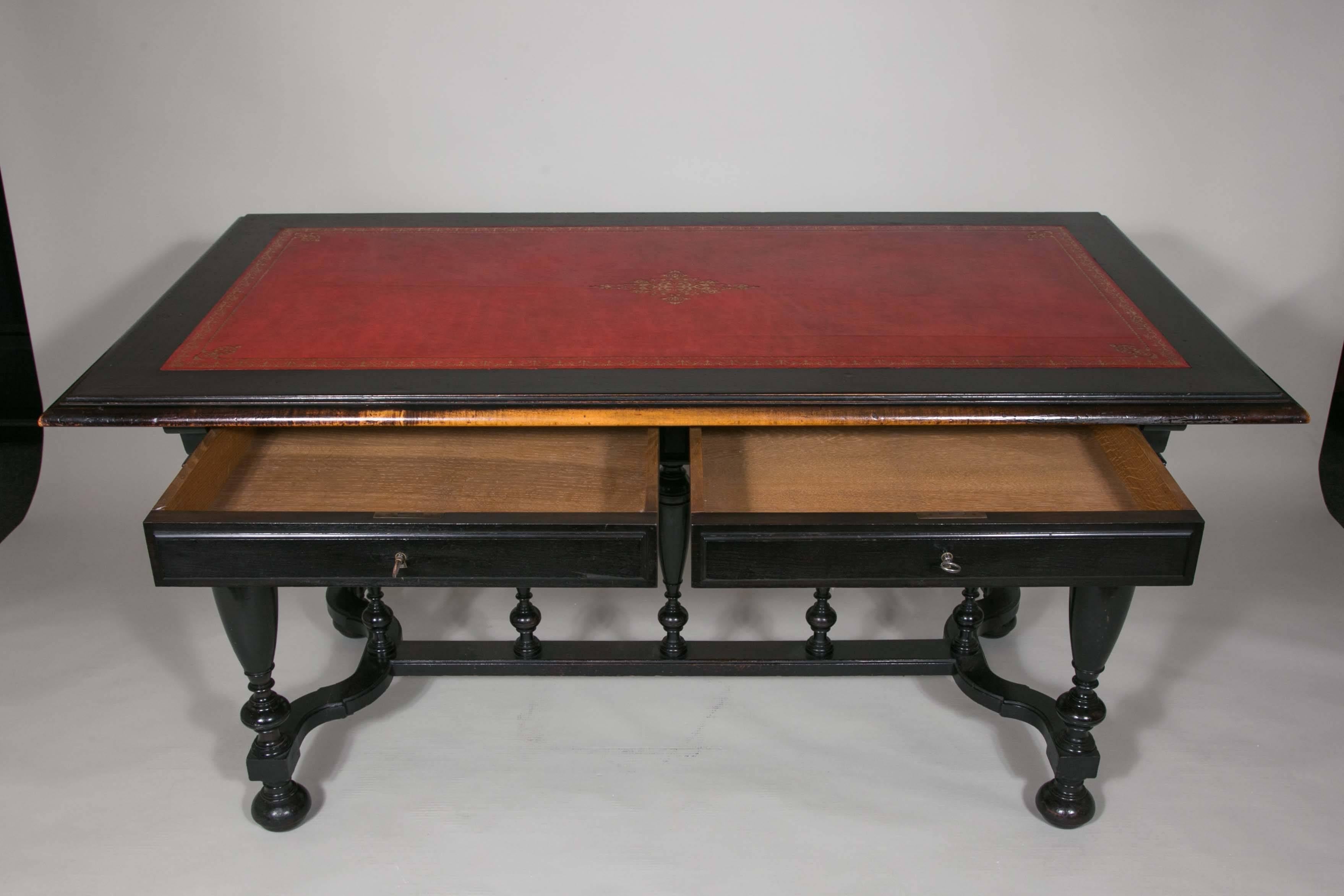 French Desk in Ebonized Wood, Two Centre Drawers with a Red Leather Insert