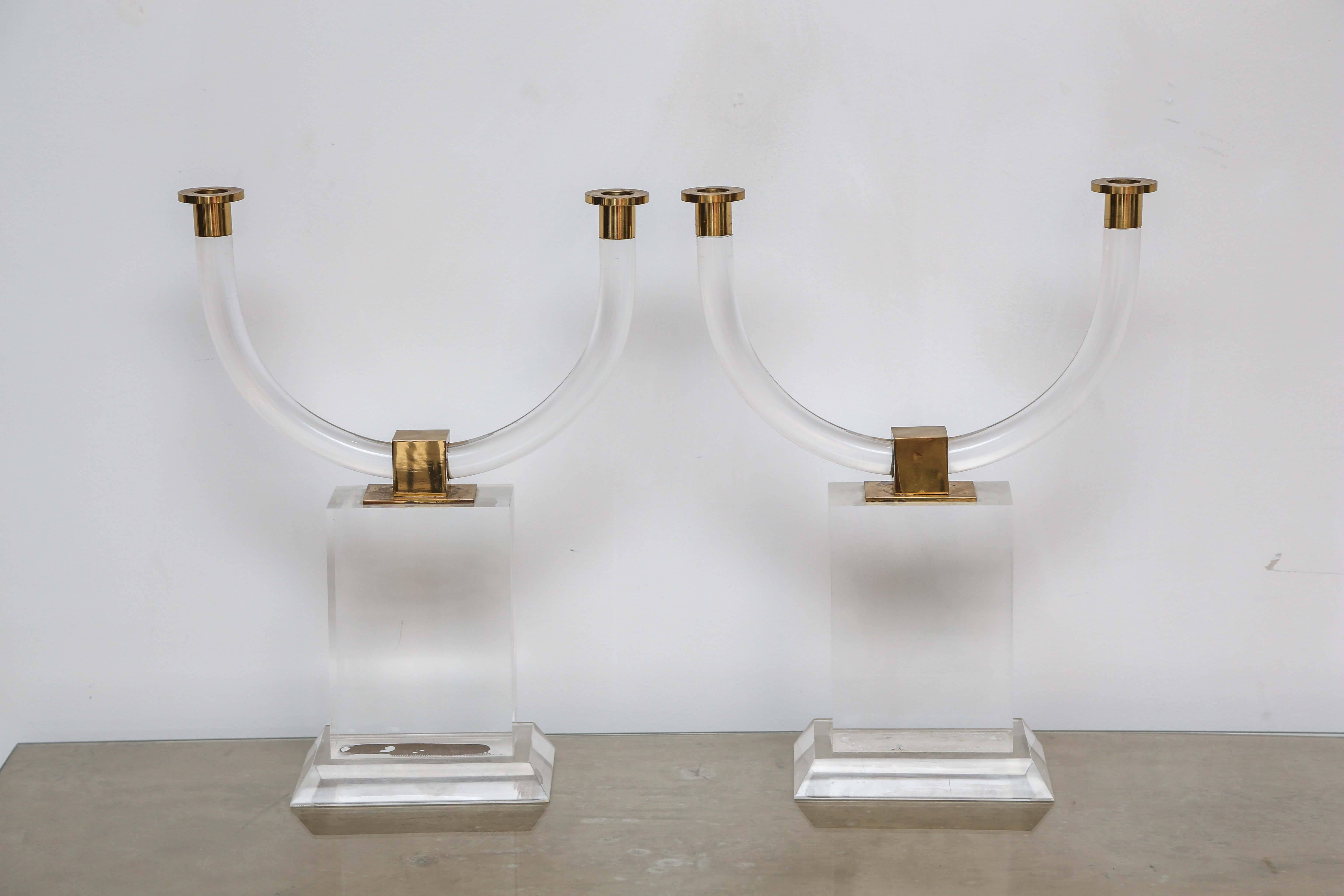 Mid-Century Lucite and brass candlesticks- simple and elegant profile.