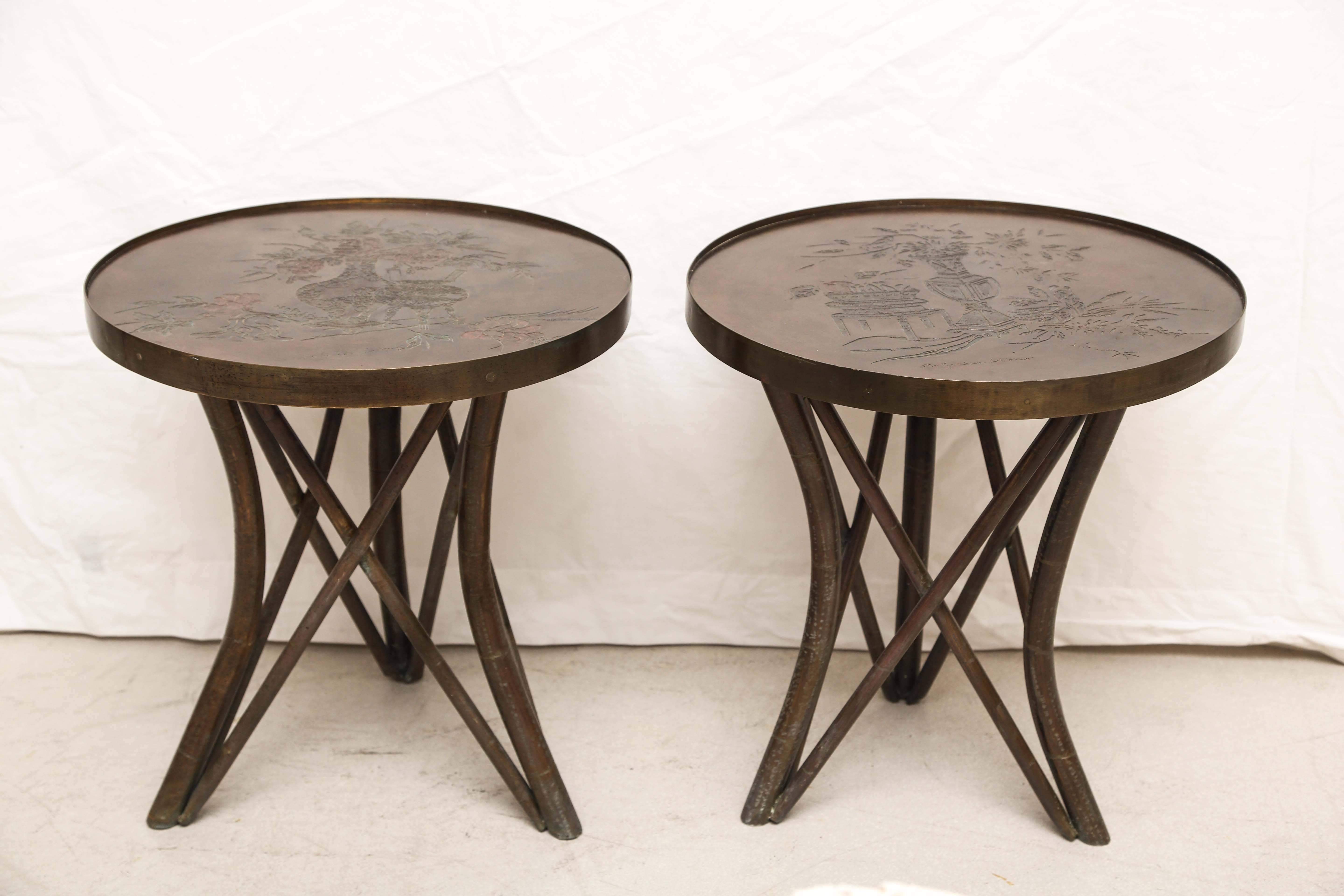 Pair of small hard to find signed Laverne bronze side tables. The model is 