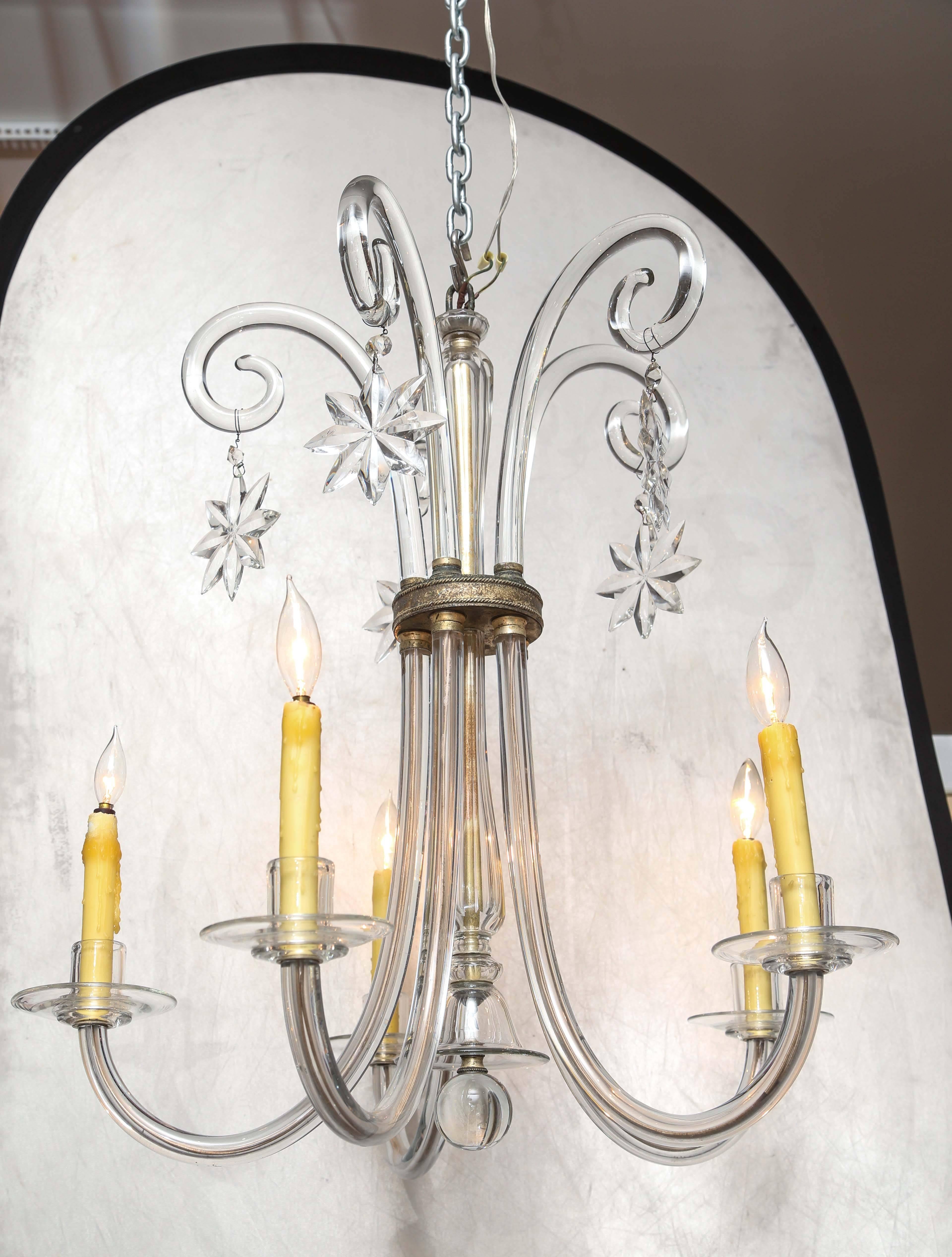 Dramatic Art Deco glass five-arm chandelier with large star drops.