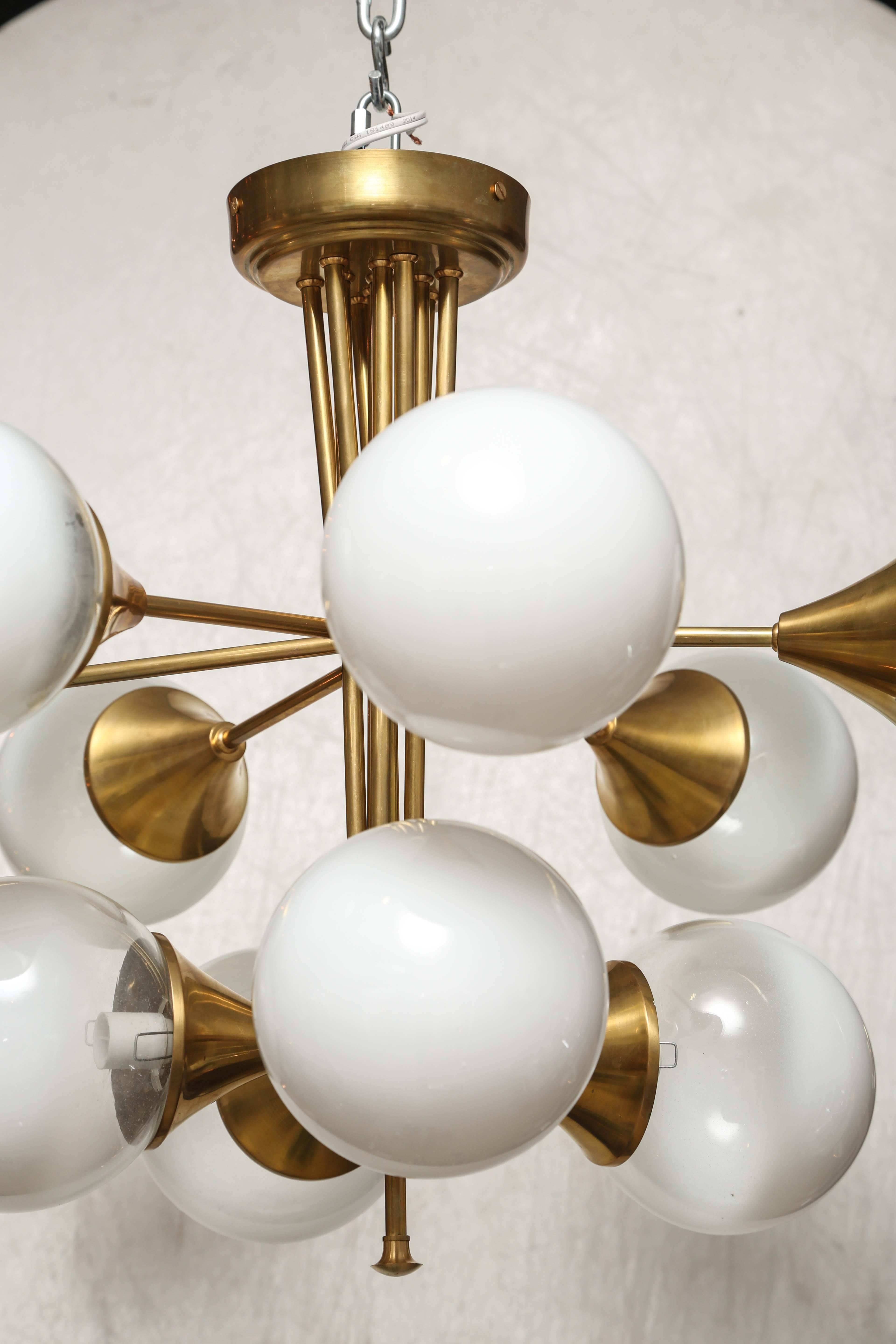 Mid-Century Modern Retro Brass and Satin Glass Ball Chandelier For Sale