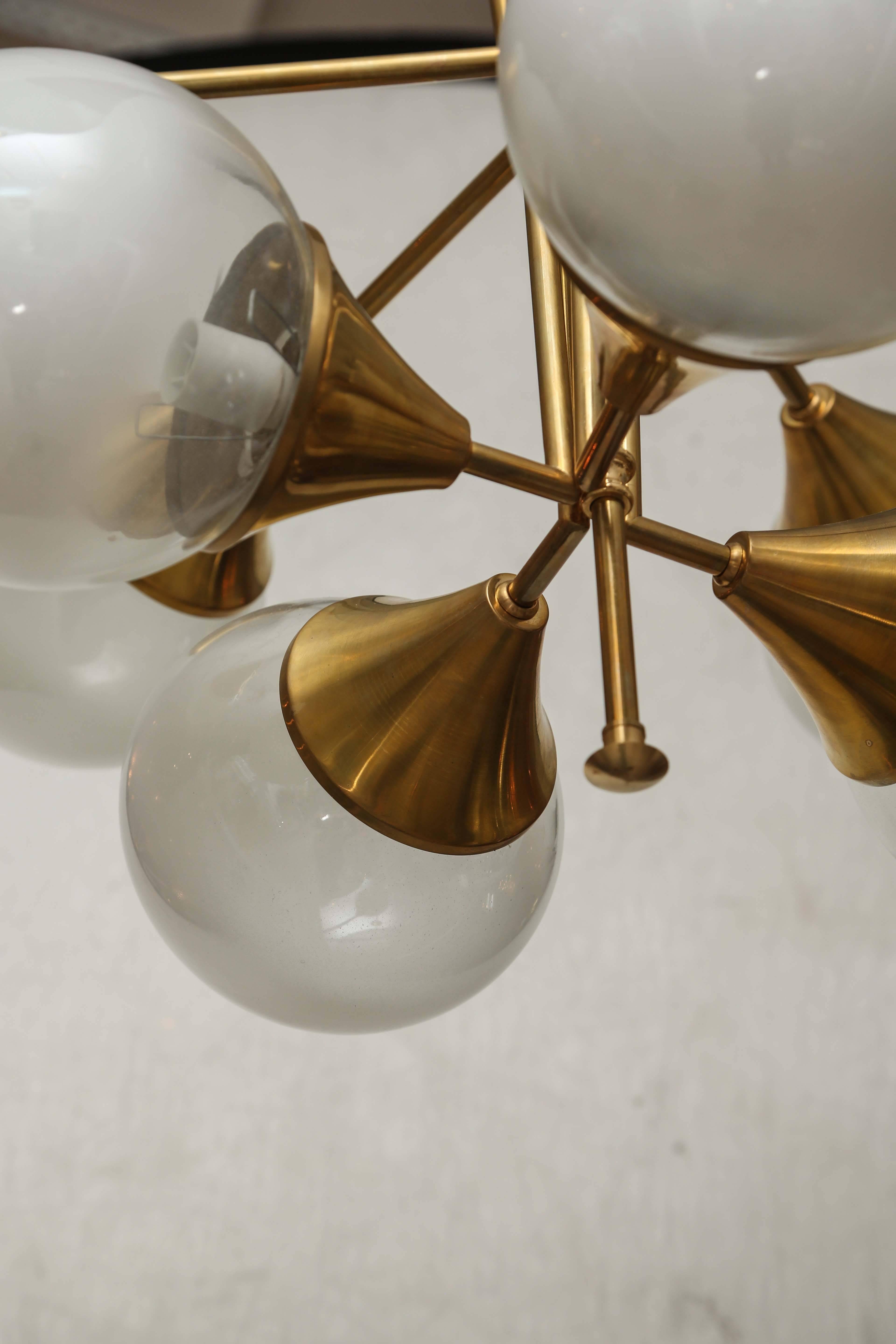 European Retro Brass and Satin Glass Ball Chandelier For Sale