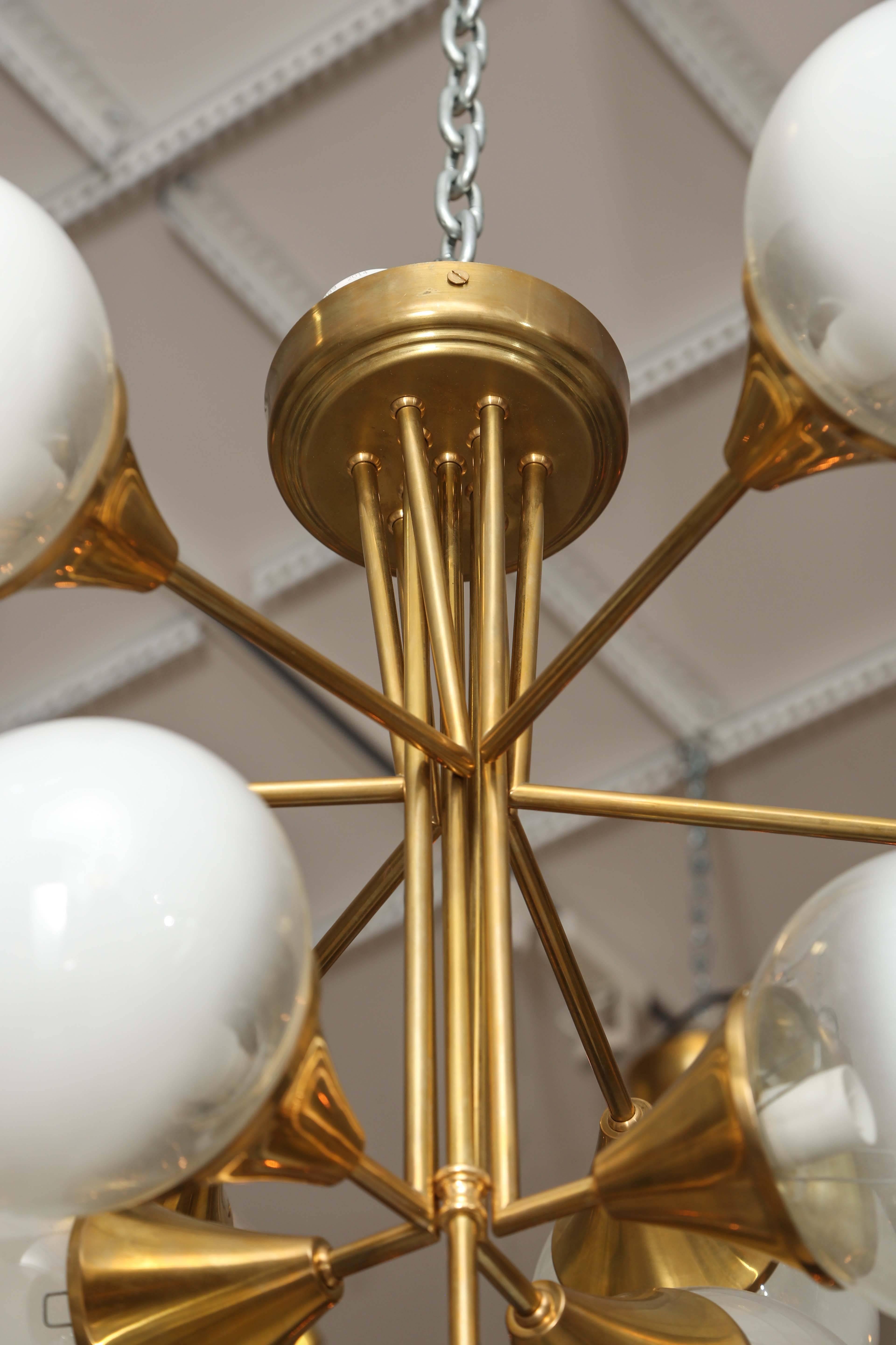 20th Century Retro Brass and Satin Glass Ball Chandelier For Sale