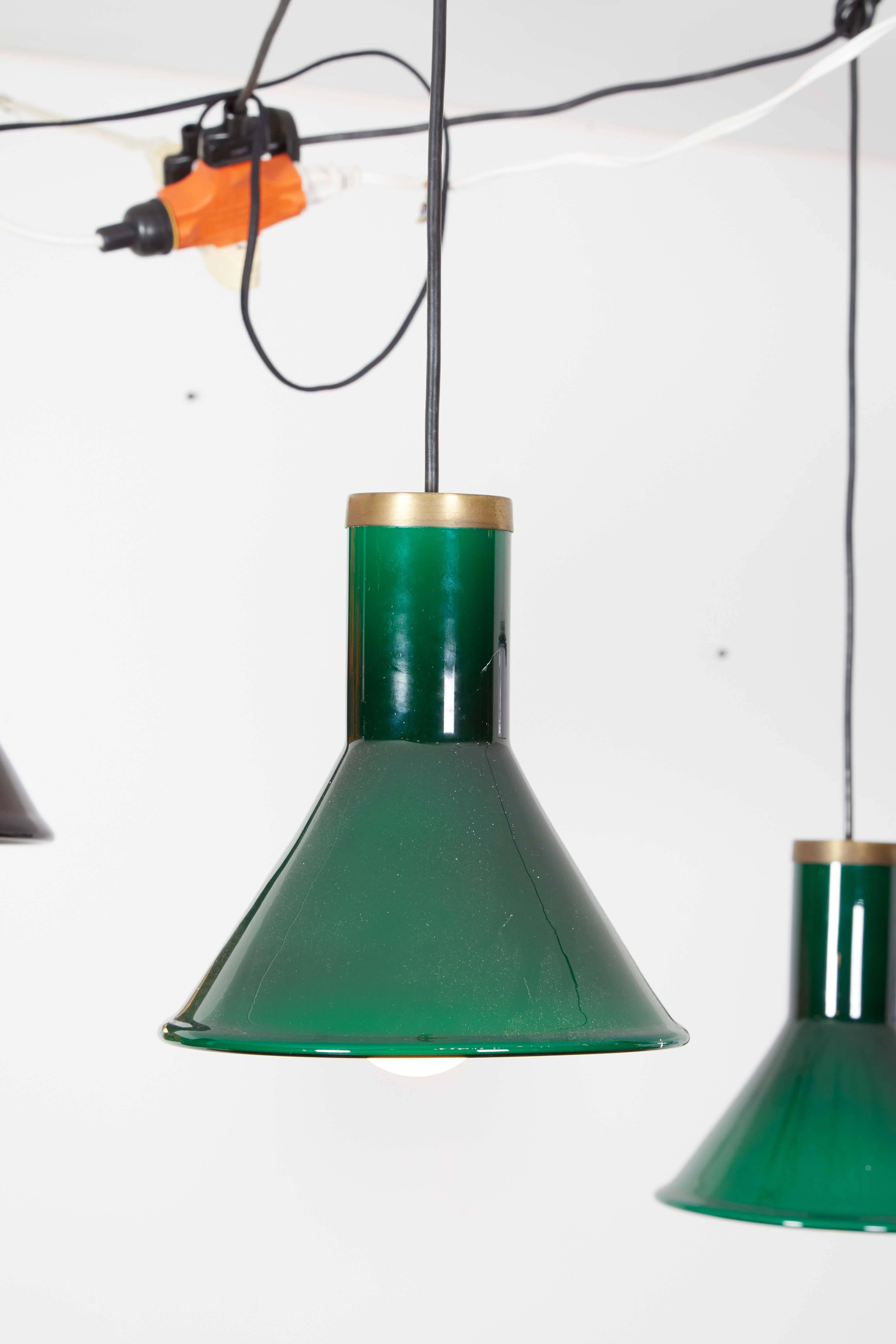 Scandinavian Modern Green Glass Pendant Lamps by Holmegaard (one left) For Sale