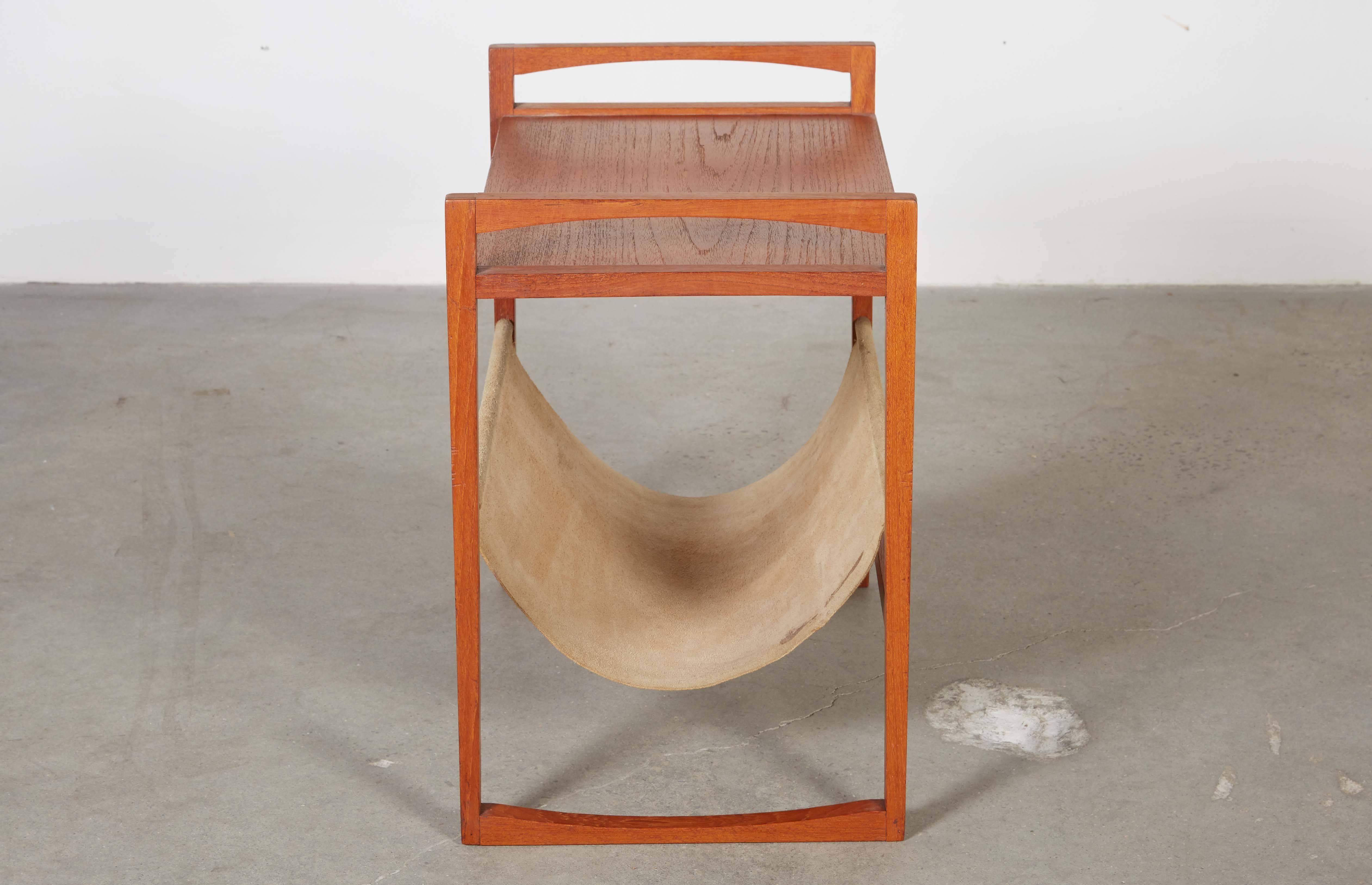Oiled Danish Magazine Rack with Suede Sling