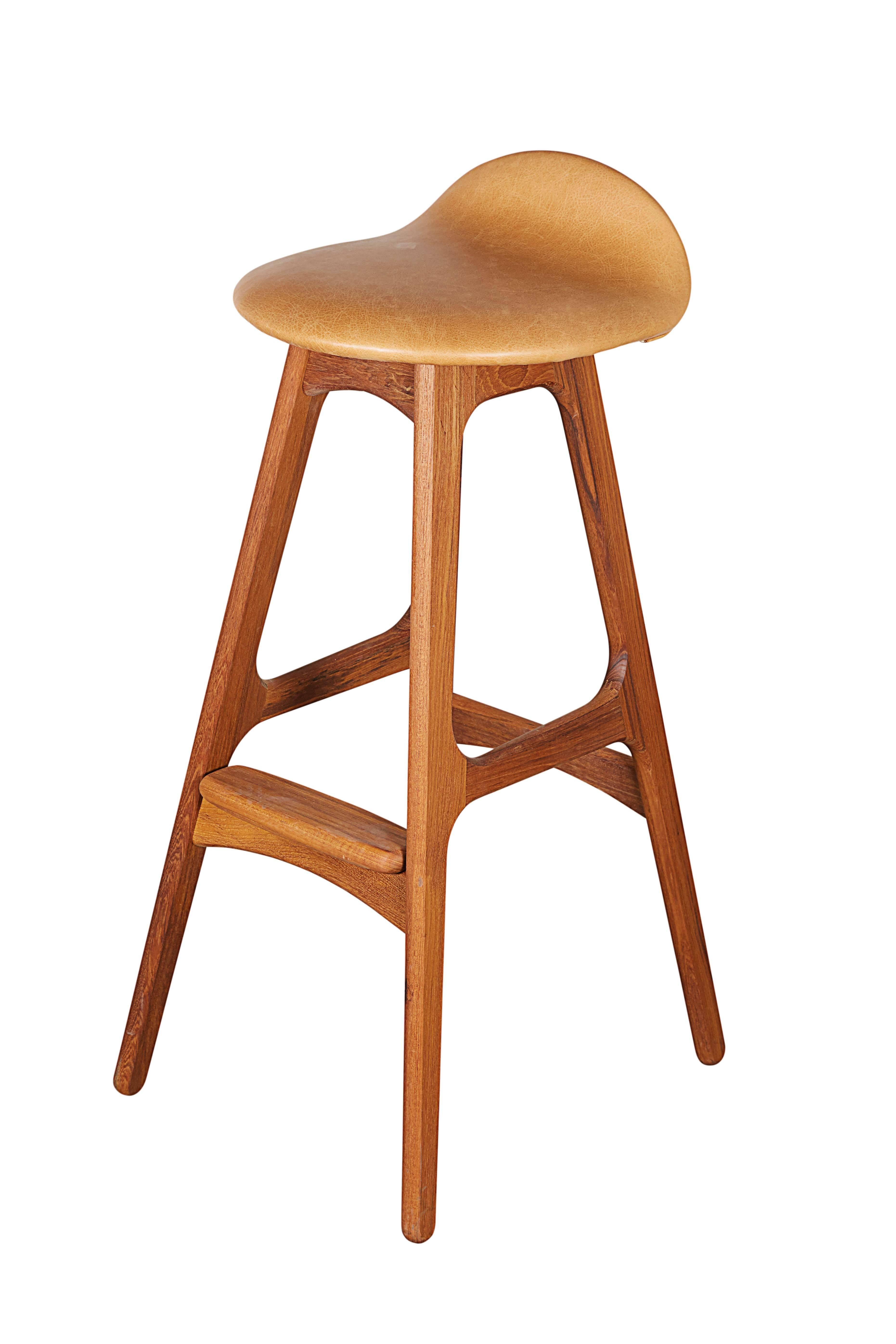 Tan Leather Counter Stools by Erik Buch, Set of Three  

This set of teak counter stools are in excellent condition, and have been newly upholstered in a beautiful weathered Italian tan leather. The back is surprisingly supportive so sit up straight