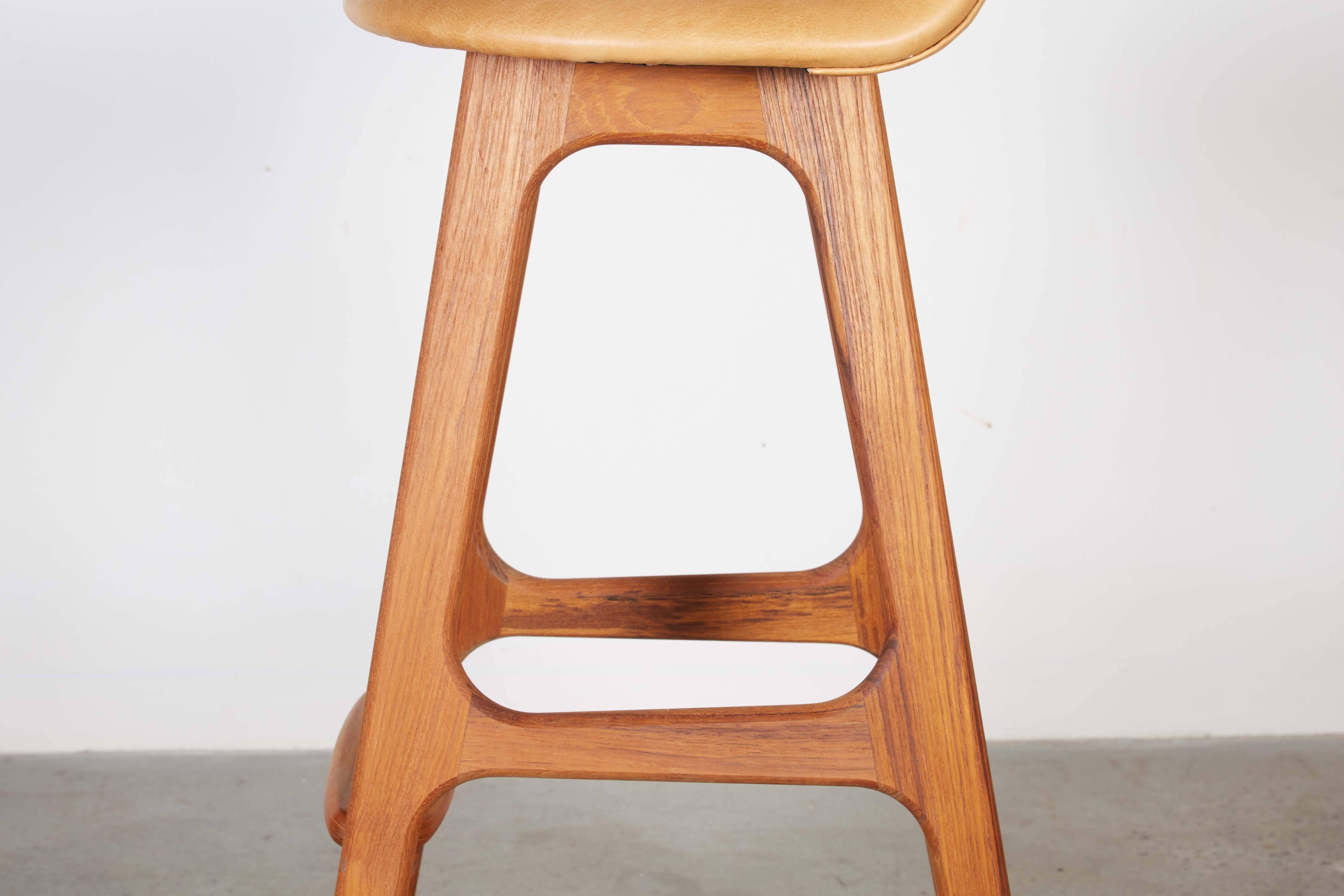 Oiled Leather Teak Counter Stool by Erik Buch, Set of 3