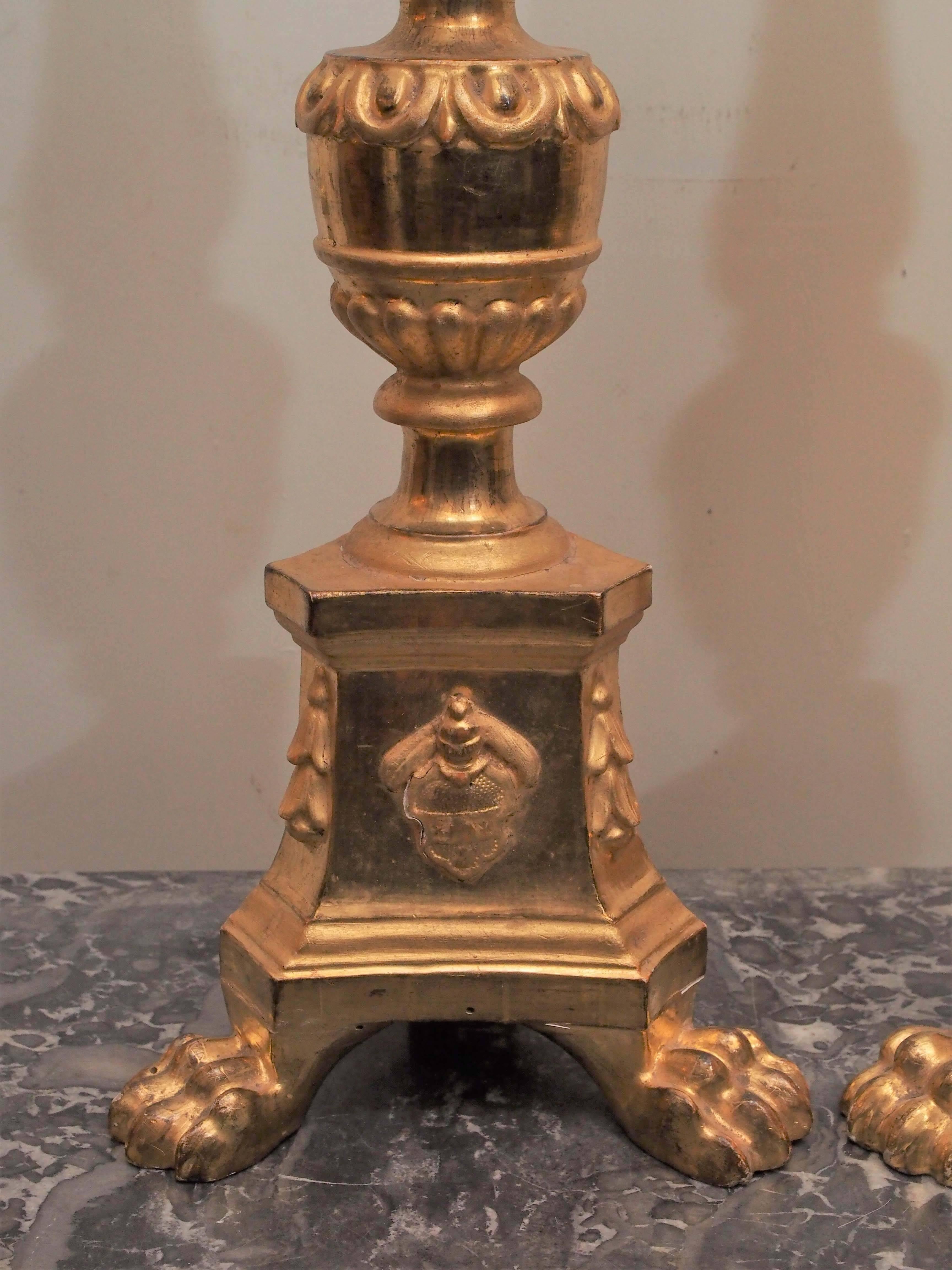 Louis XVI Pair of Italian Giltwood Altar Candlesticks with Sacre Coeur