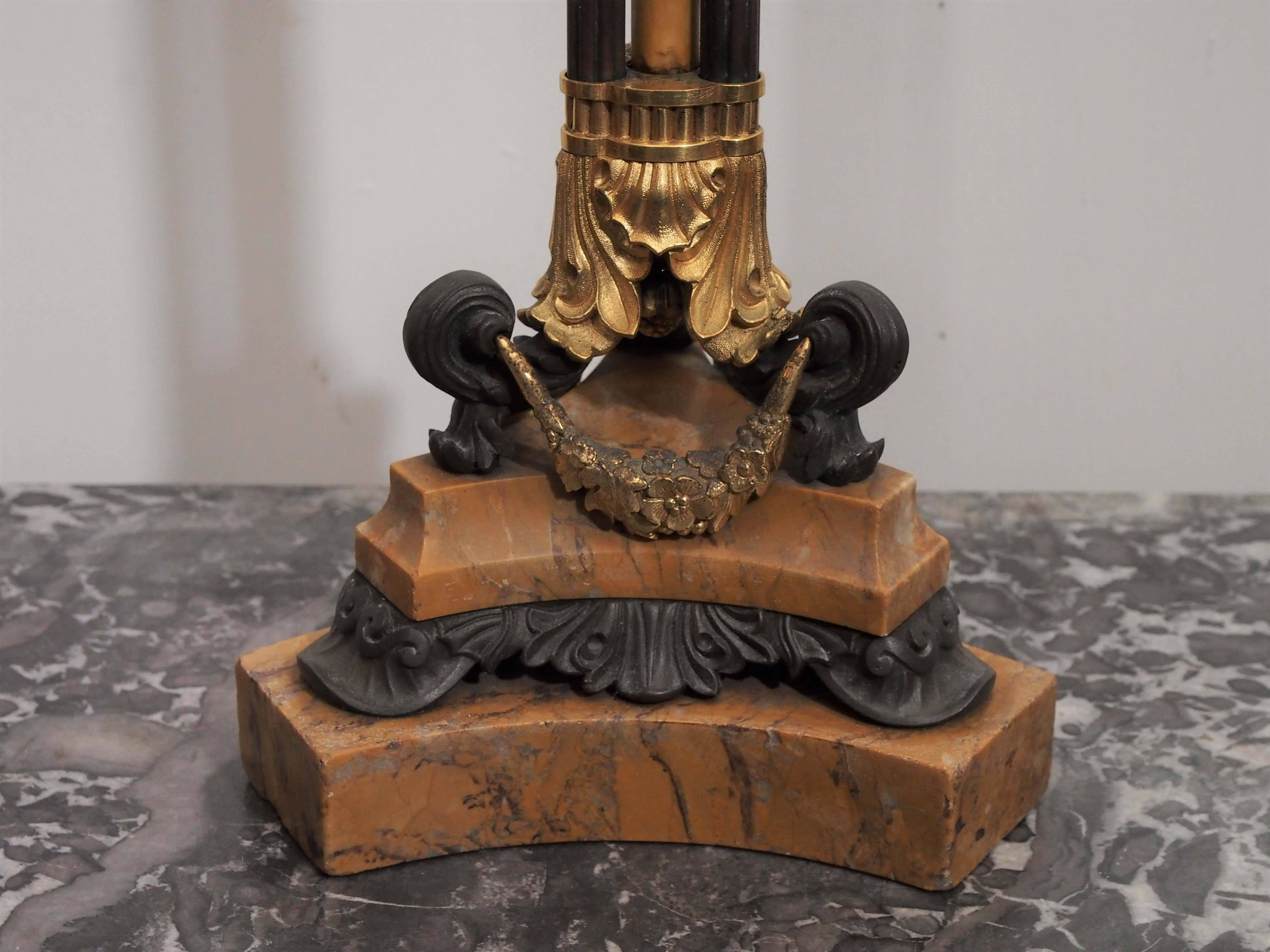 Pair of Bronze and Sienna Marble Charles X Candelabra In Good Condition For Sale In Natchez, MS
