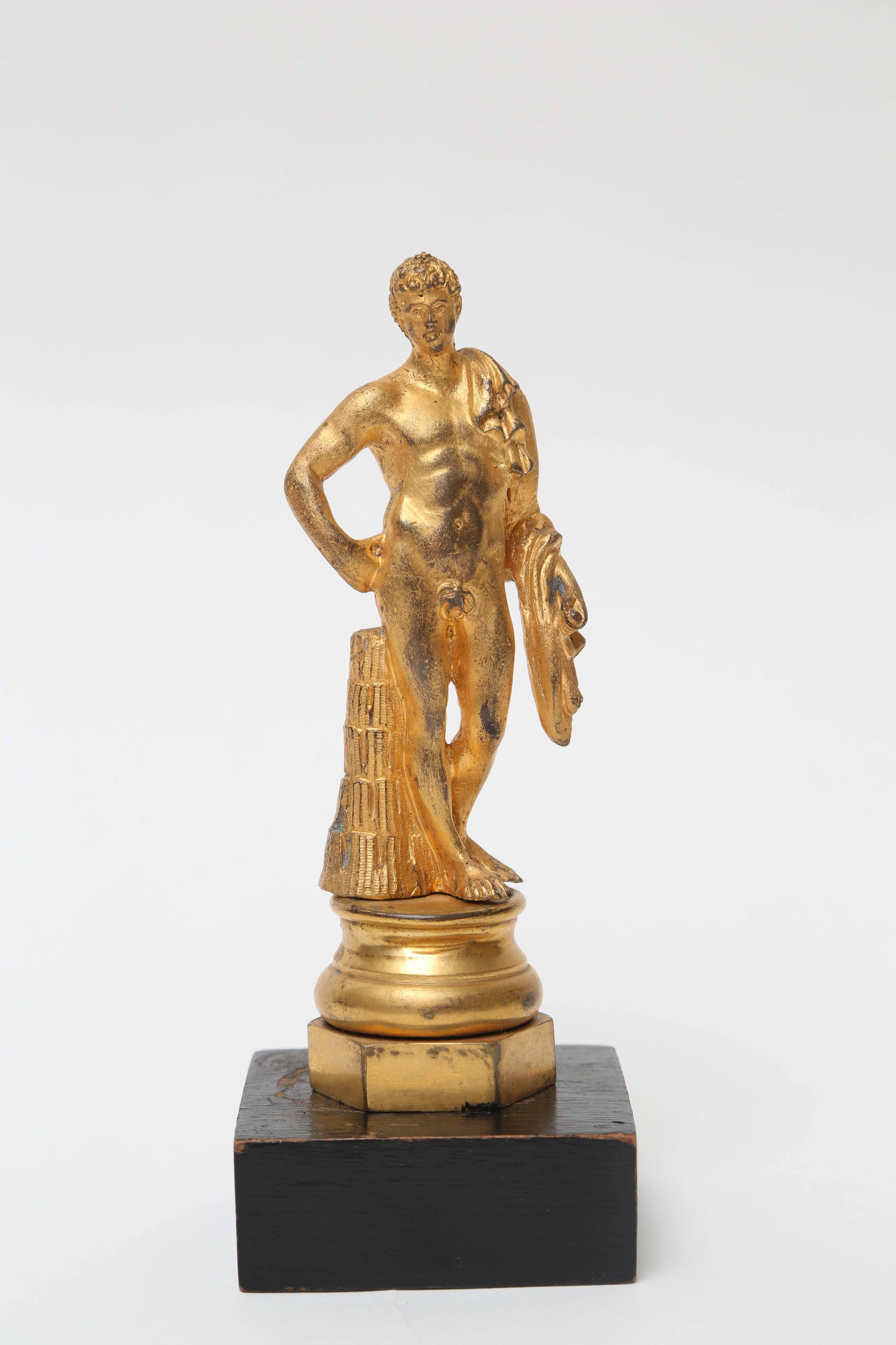 La figure d'Antinoüs en bronze doré est montée sur un socle circulaire en bronze doré posé sur une plinthe hexagonale en bronze doré fixée à une base en bois.