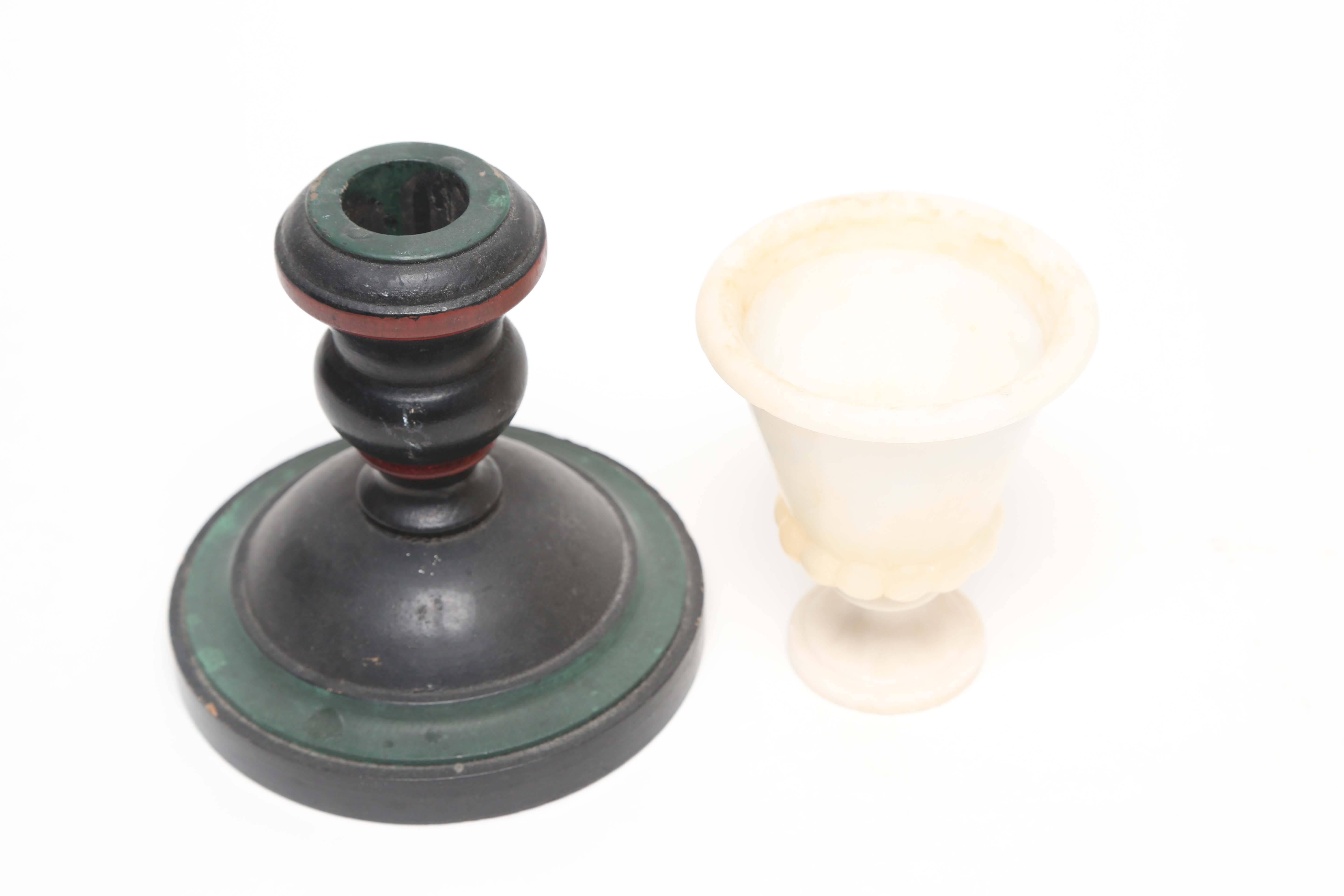 Early 20th Century Group of Treens, Candlestick and Alabaster Cup, 19th-20th Century