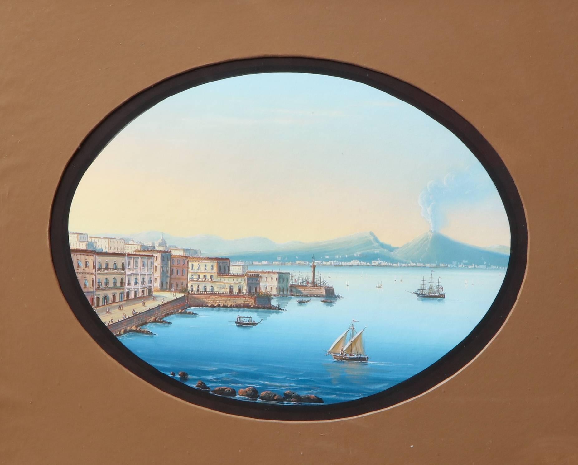 19th century Gouache of The Bay of Naples in wooden frame.