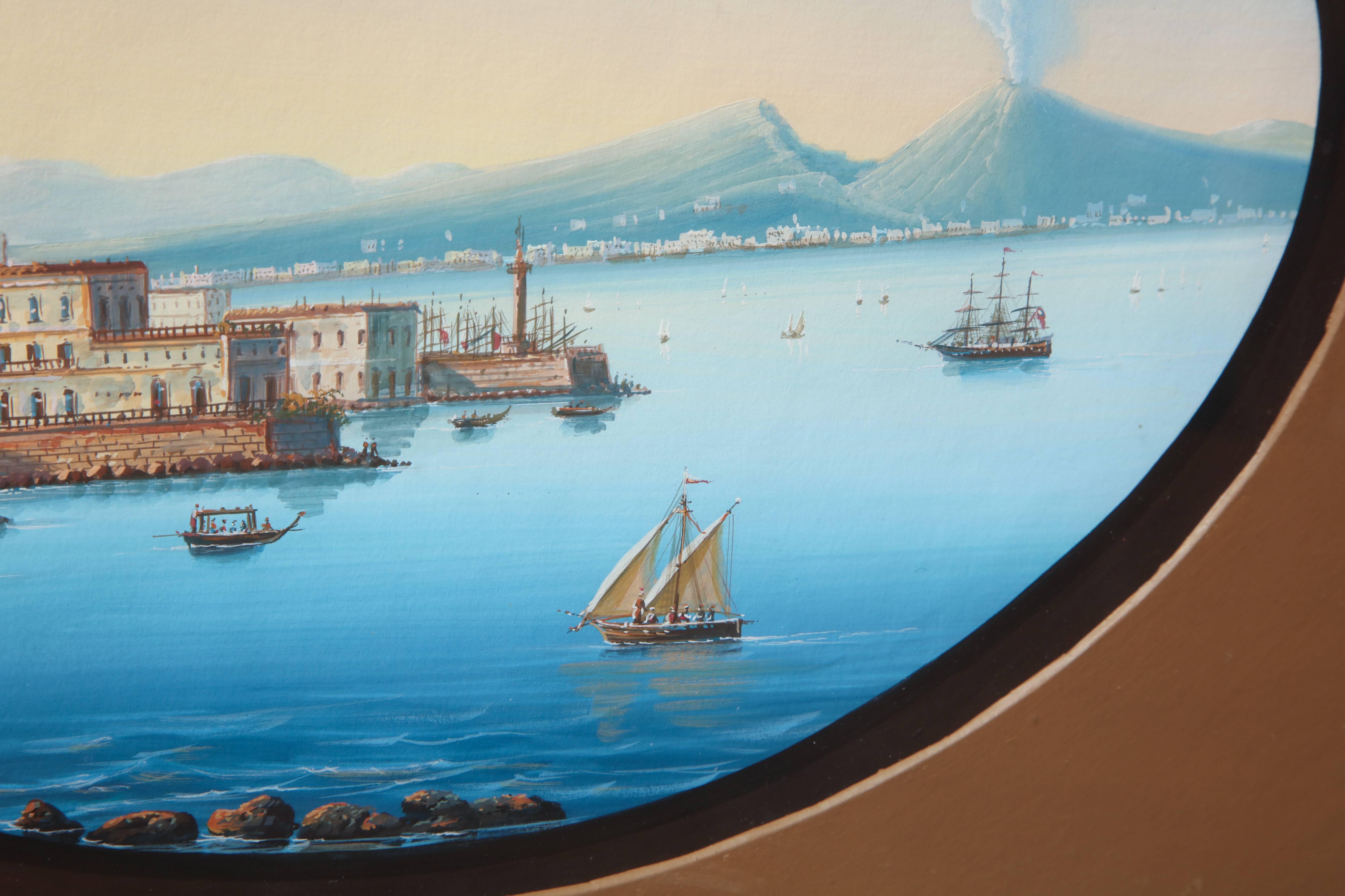 Italian 19th Century Gouache of the Bay of Naples in Wooden Frame For Sale