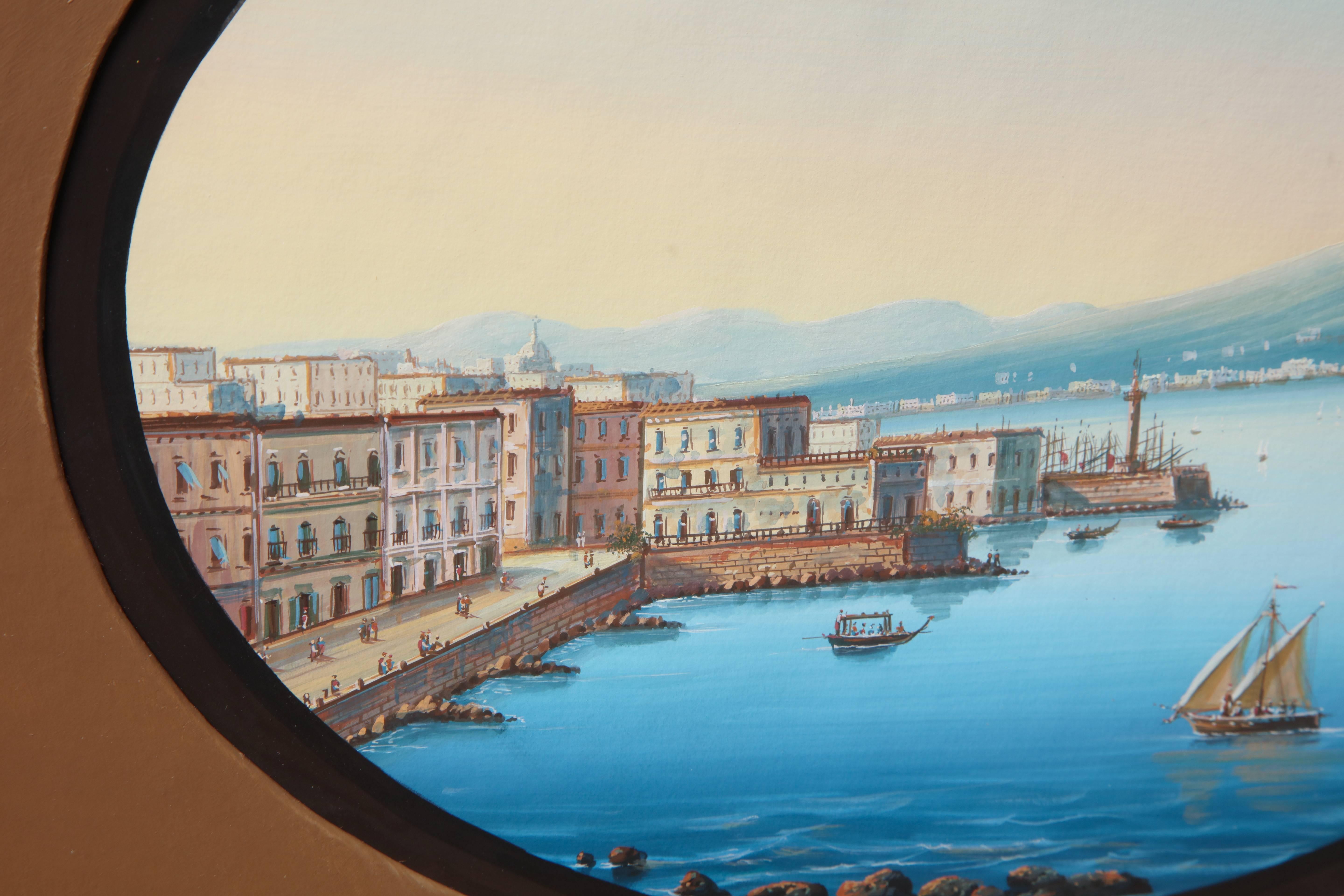 19th Century Gouache of the Bay of Naples in Wooden Frame In Good Condition For Sale In New York, NY