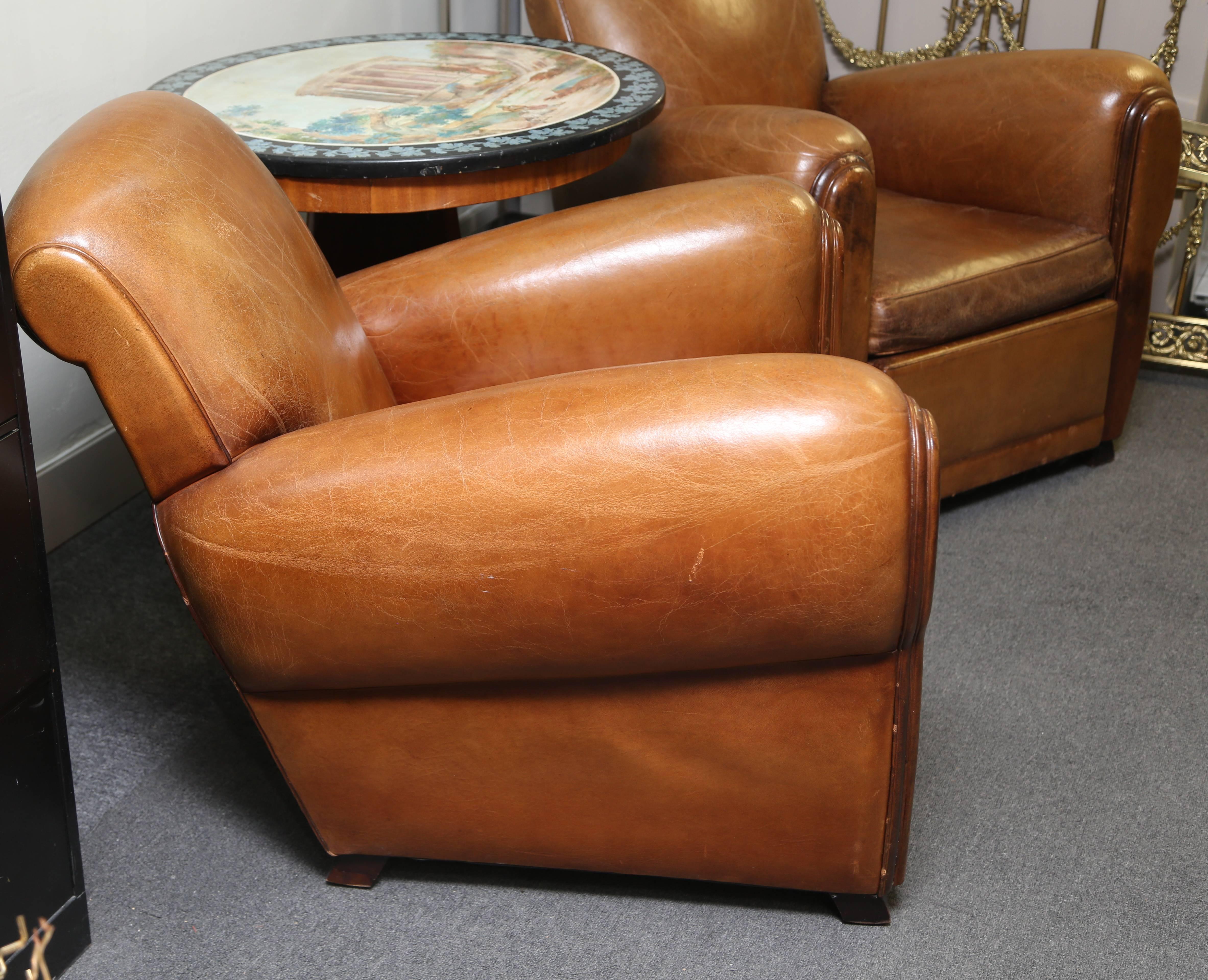 French Art Deco Leather Chairs with Ottoman In Good Condition In West Palm Beach, FL
