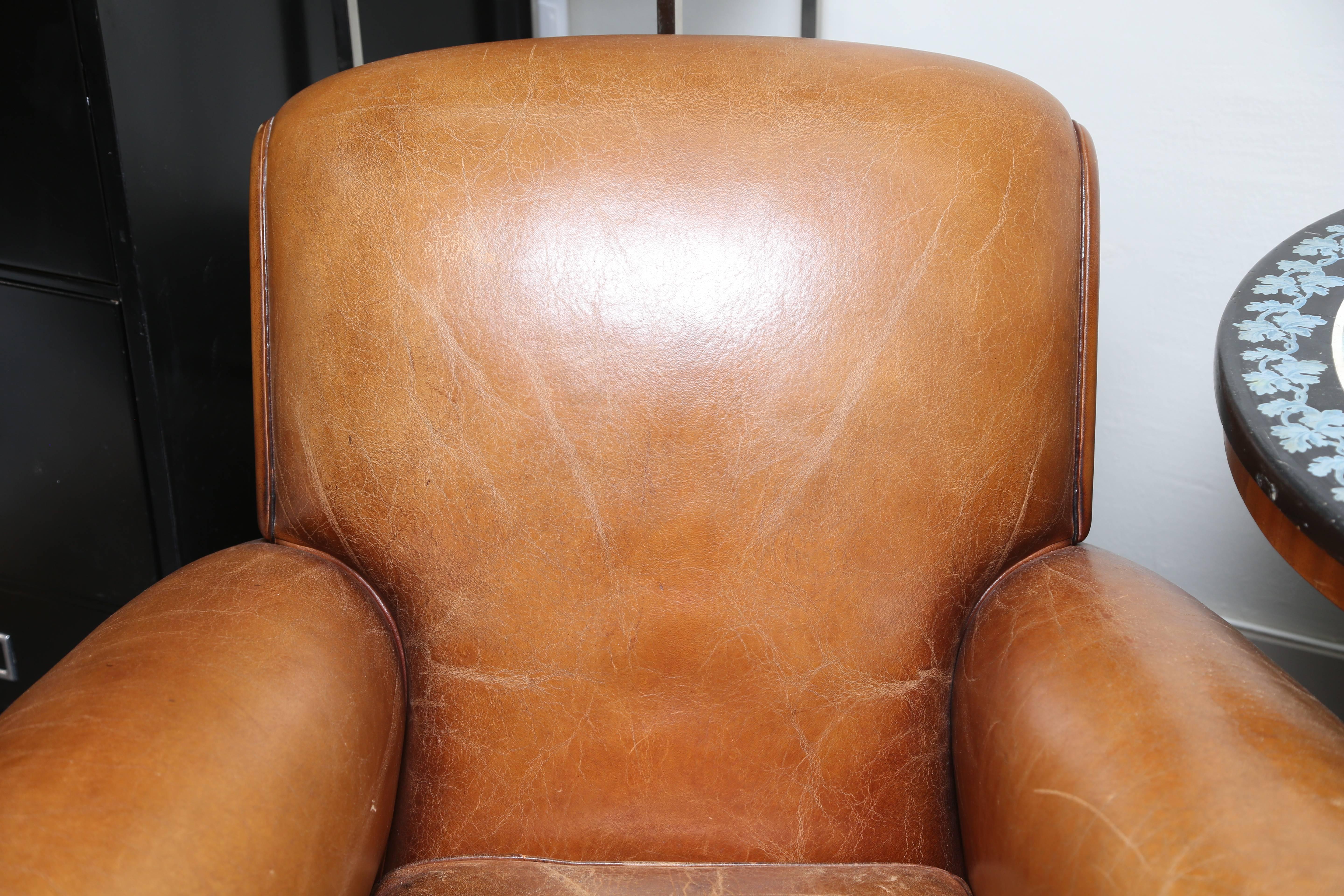 French Art Deco Leather Chairs with Ottoman 1