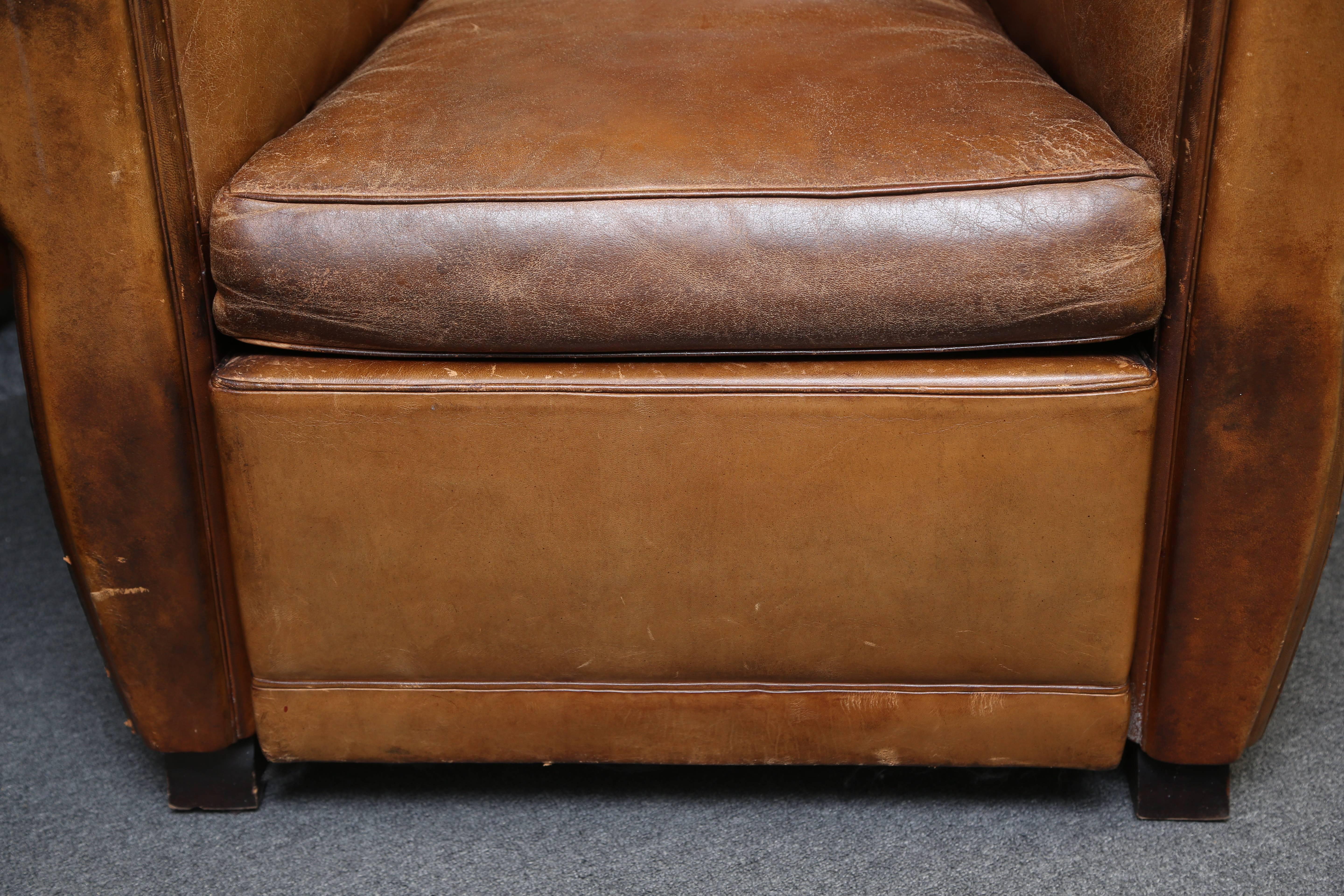 French Art Deco Leather Chairs with Ottoman 2
