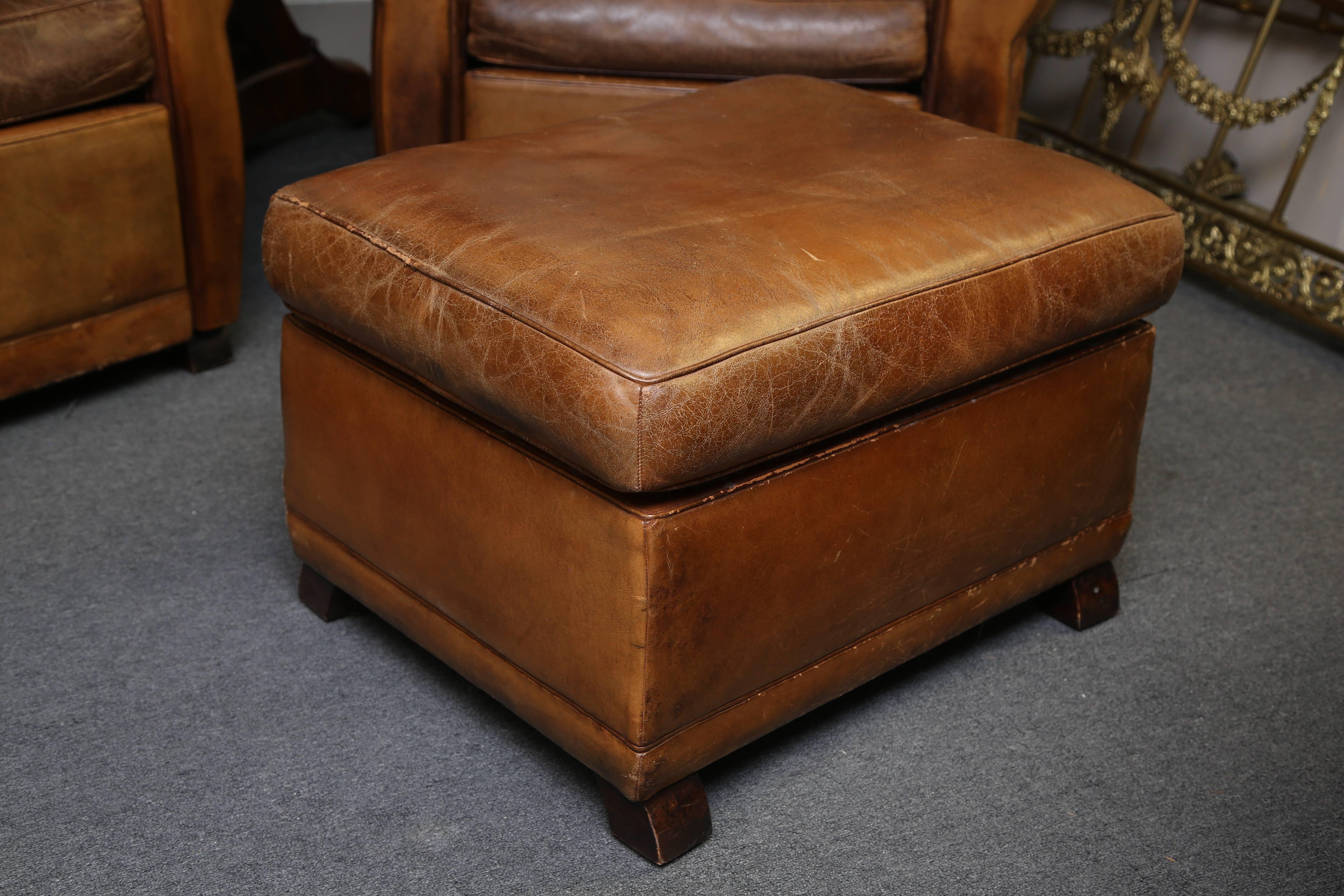French Art Deco Leather Chairs with Ottoman 3