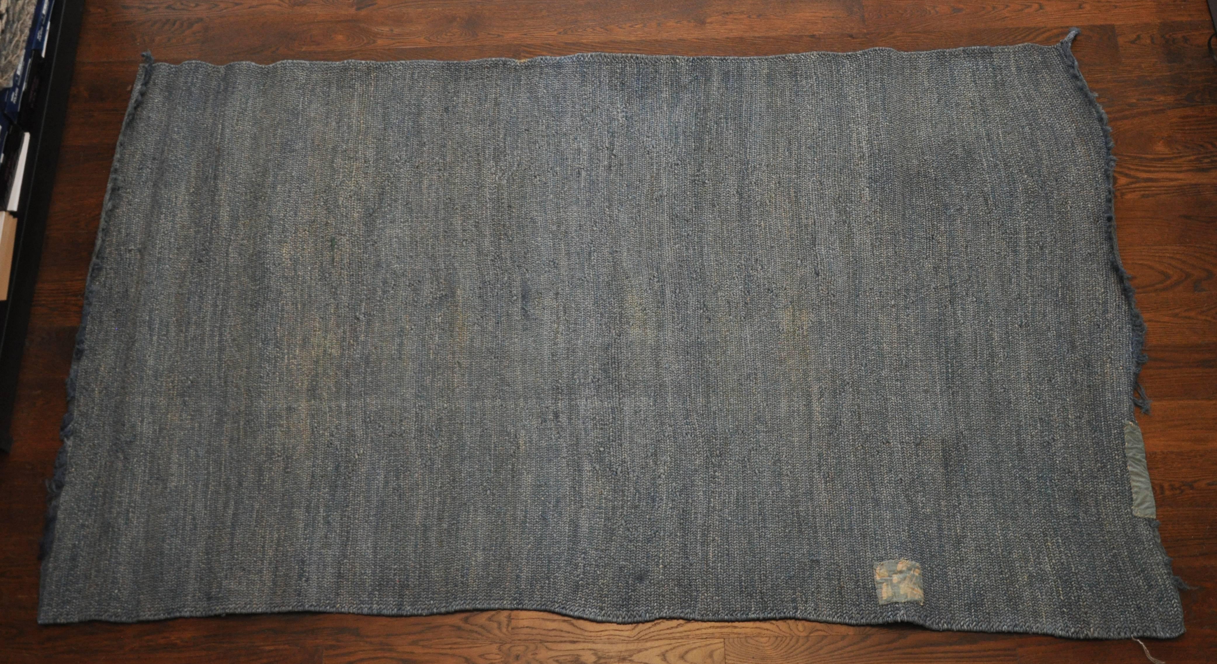 19th Century Turkish Natural Linen and Cotton Weave Rug. 

Steel blue and taupe coloration. Small patches as shown in photograph and fringed edges. Found in South of France. 


