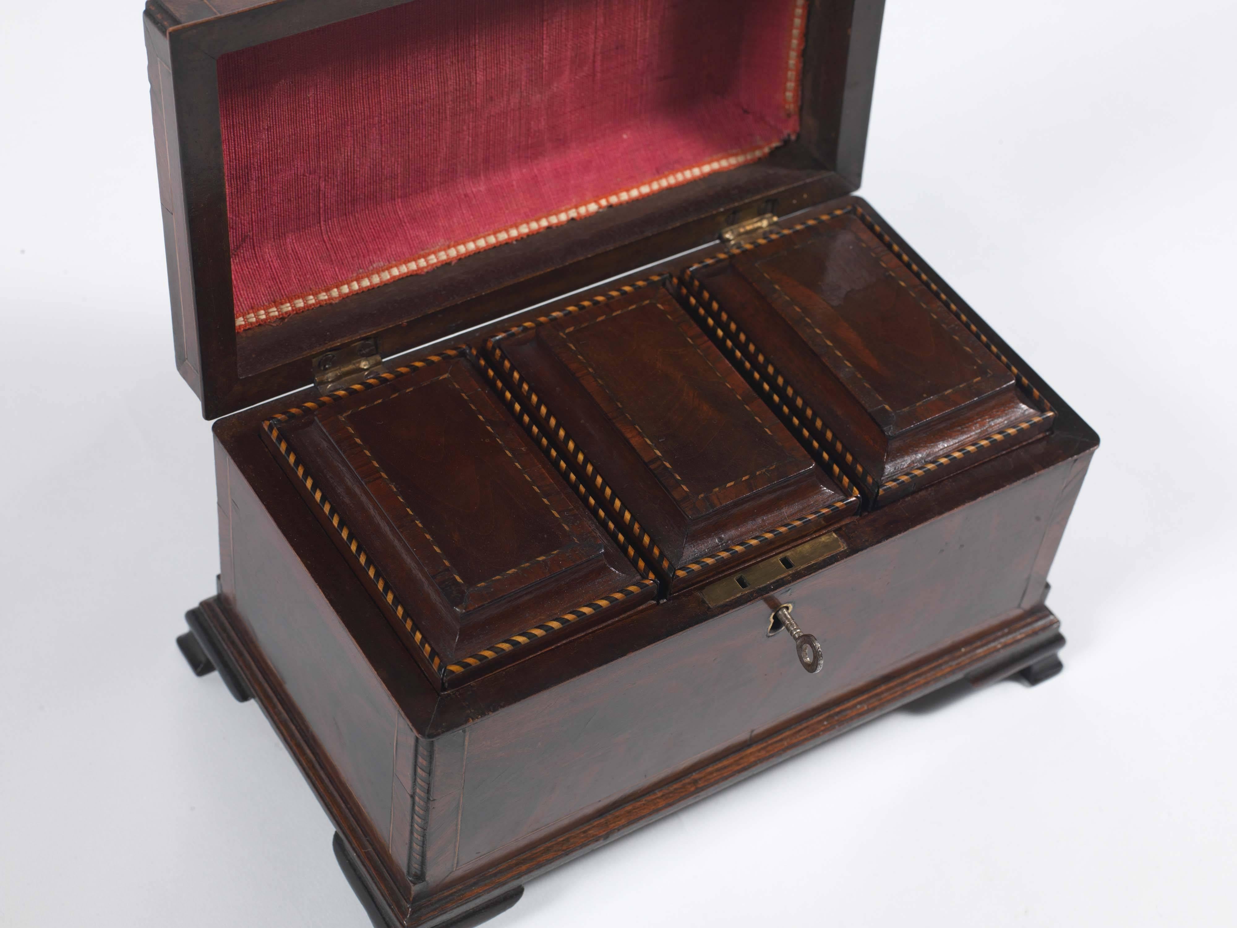 18th Century George III Period Mahogany Three Canister Tea Caddy 1