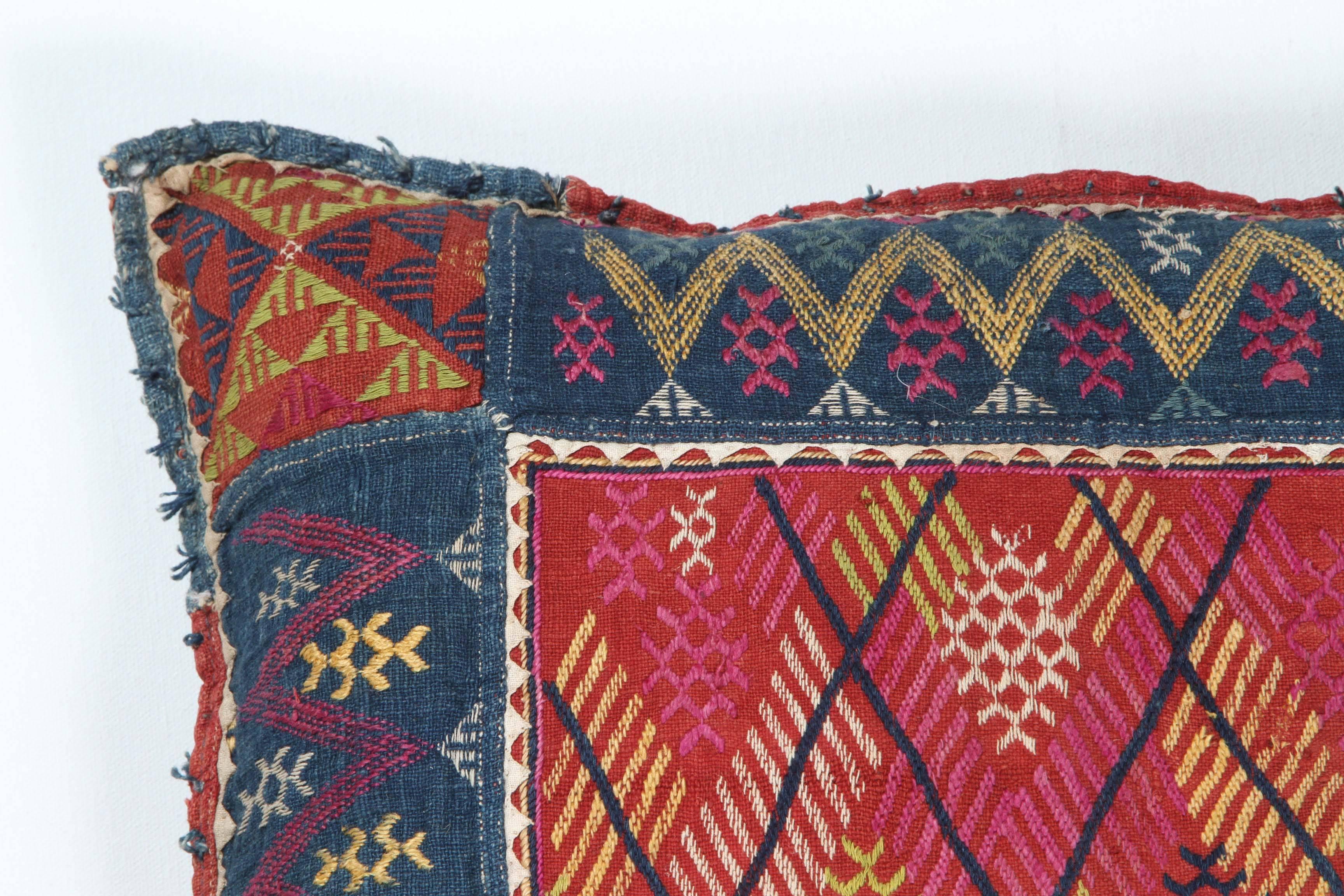 Embroidered Indian Banjara Cotton Textile Pillow in Blue, Red, Yellow, Ivory For Sale
