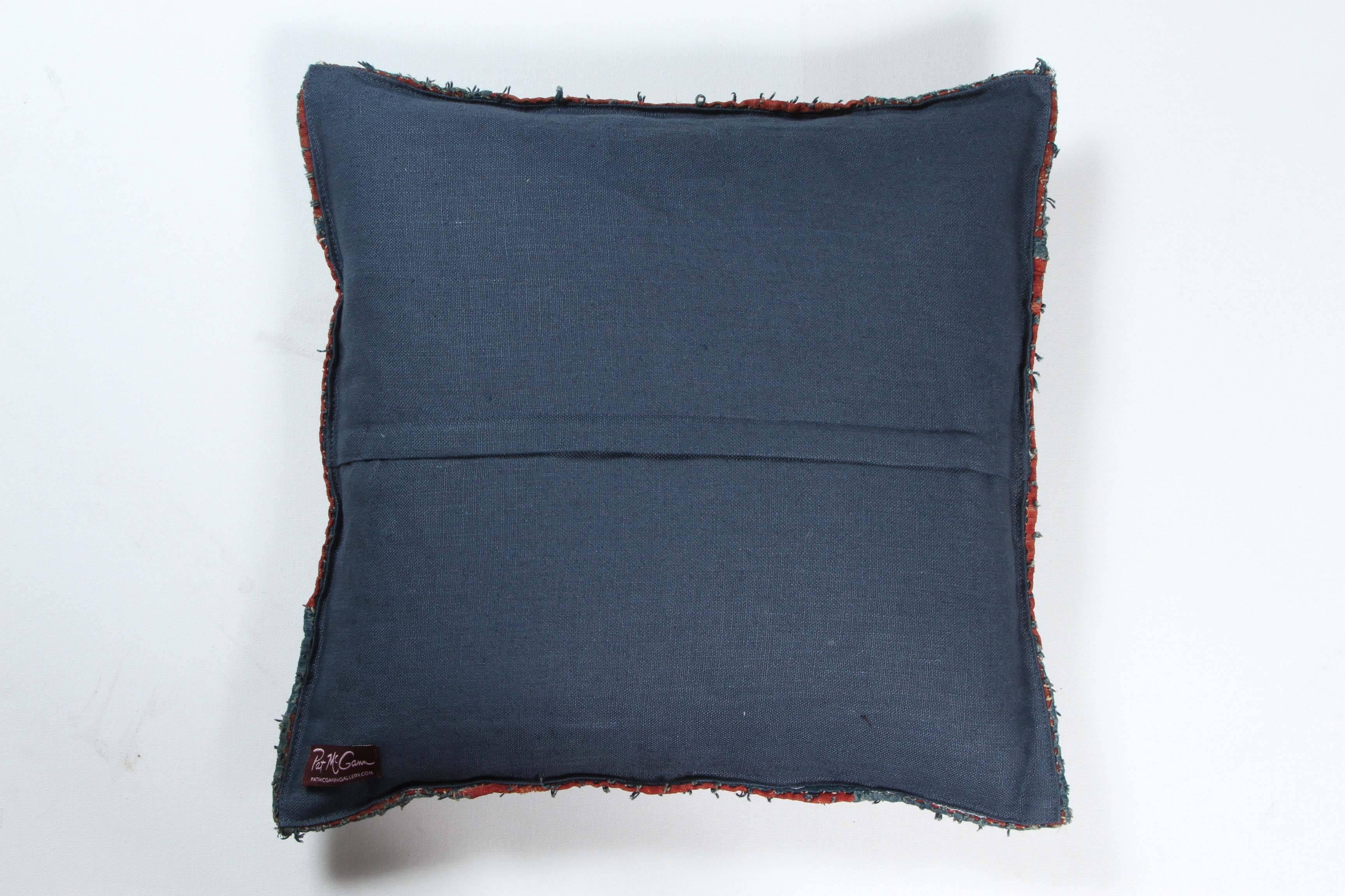 20th Century Indian Banjara Cotton Textile Pillow in Blue, Red, Yellow, Ivory For Sale