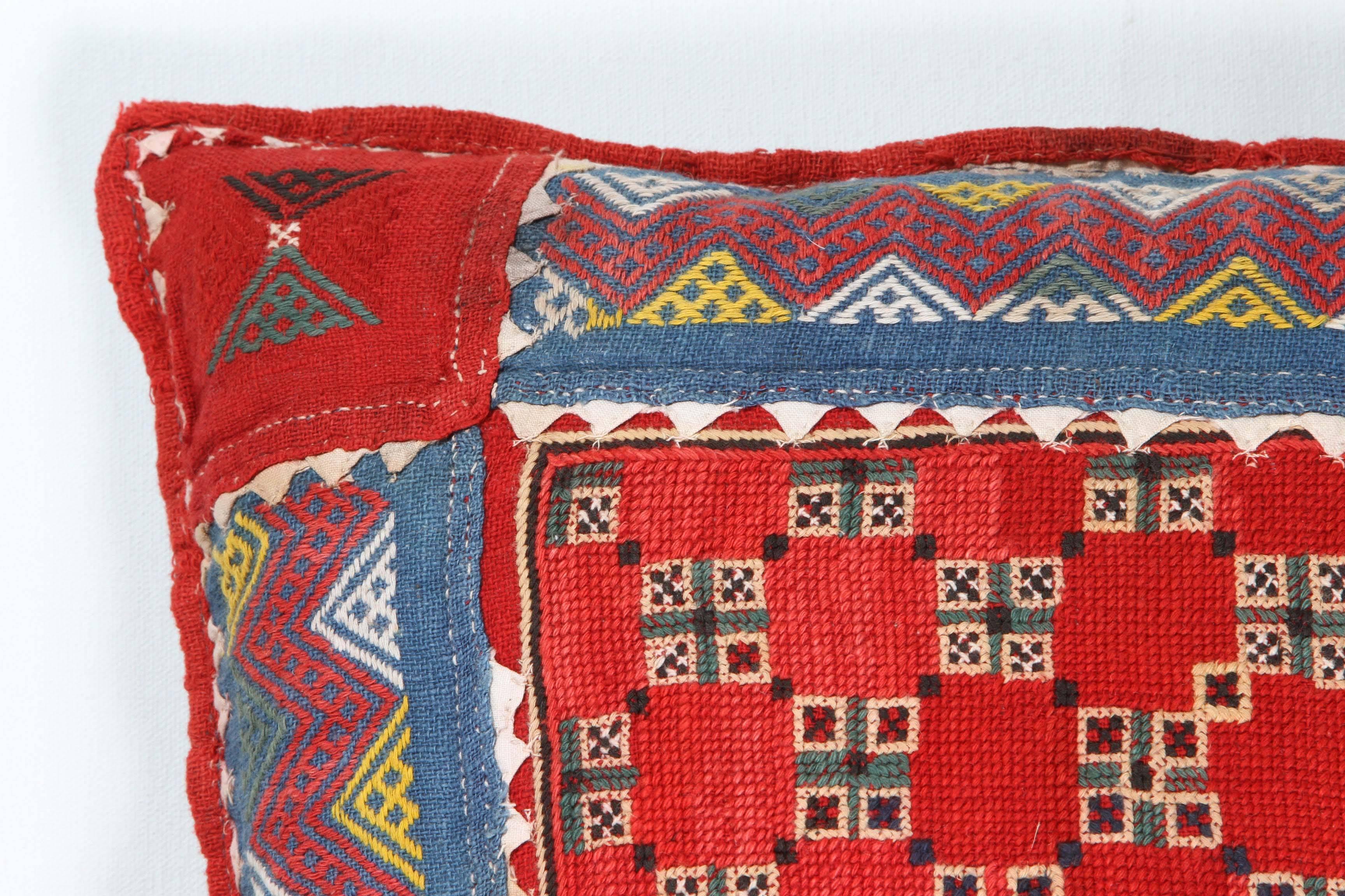 Embroidered Indian Banjara Cotton Pillow in Red, Blue, Yellow, Ivory and Burgundy For Sale
