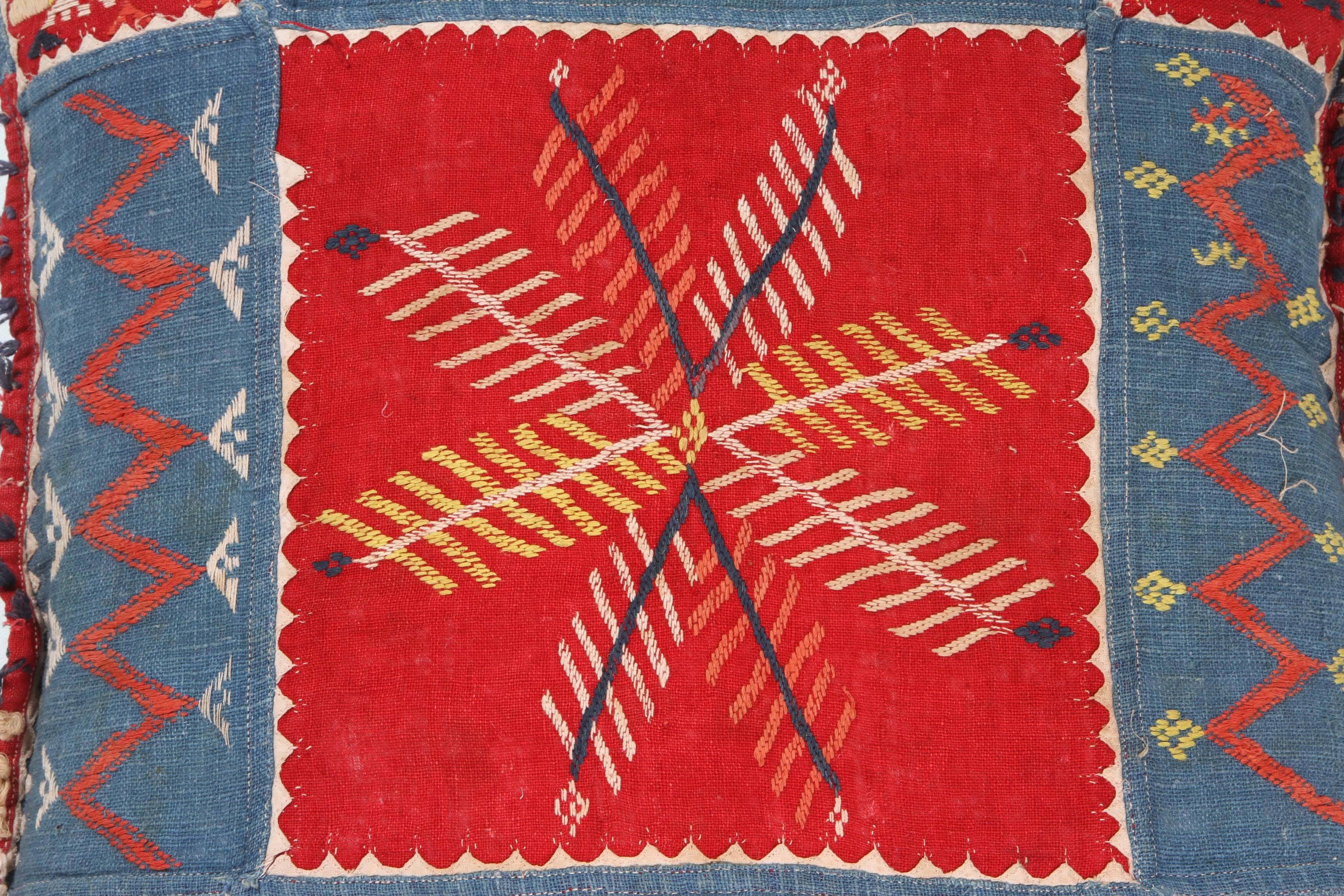 Embroidered Indian Banjara Cotton Pillow, Red, Blue, Yellow, Ivory, Orange