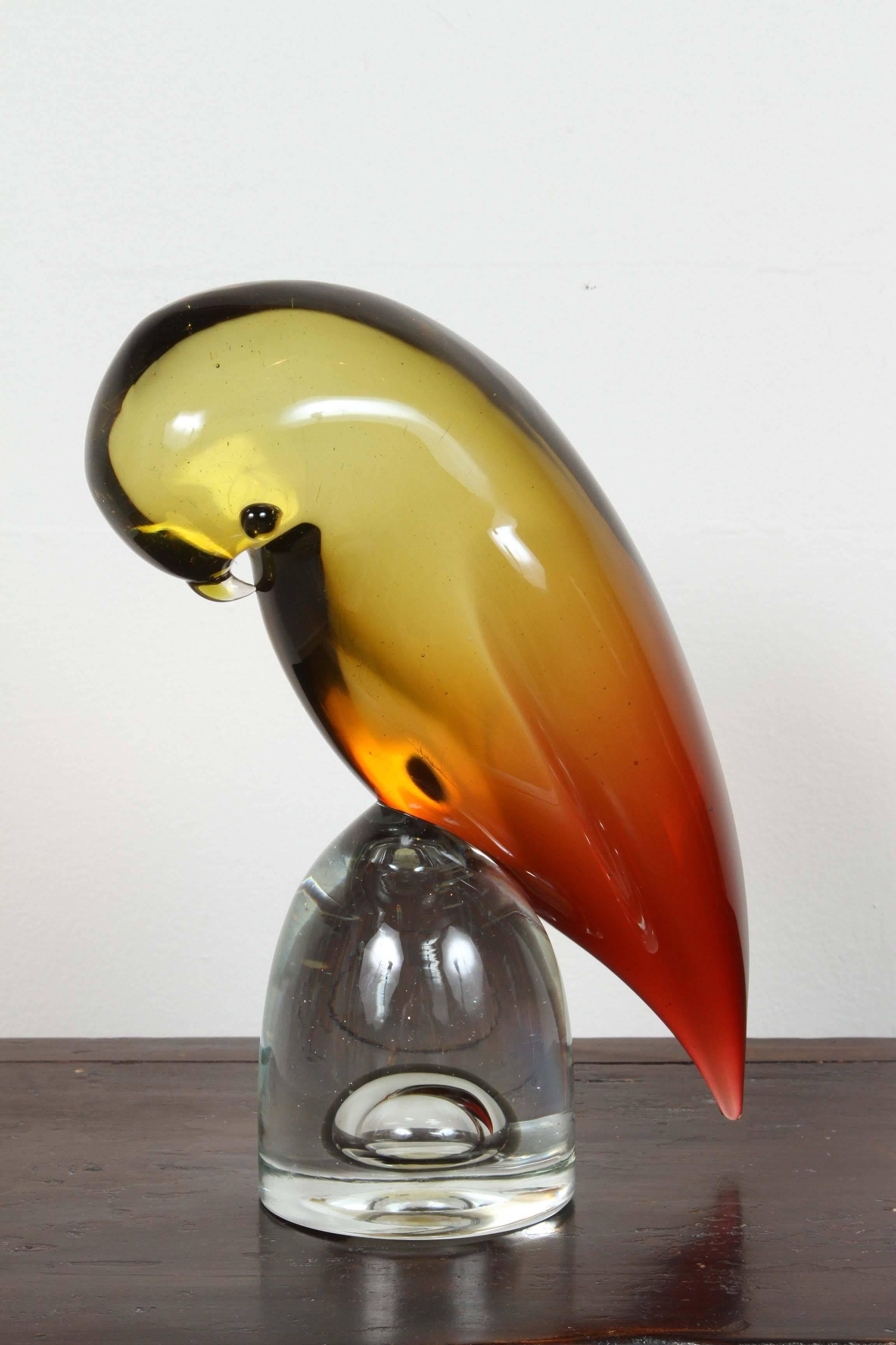 Vintage Murano Glass 11.5 inch bird perched on clear glass. Original label on bottom as shown in Image 7.