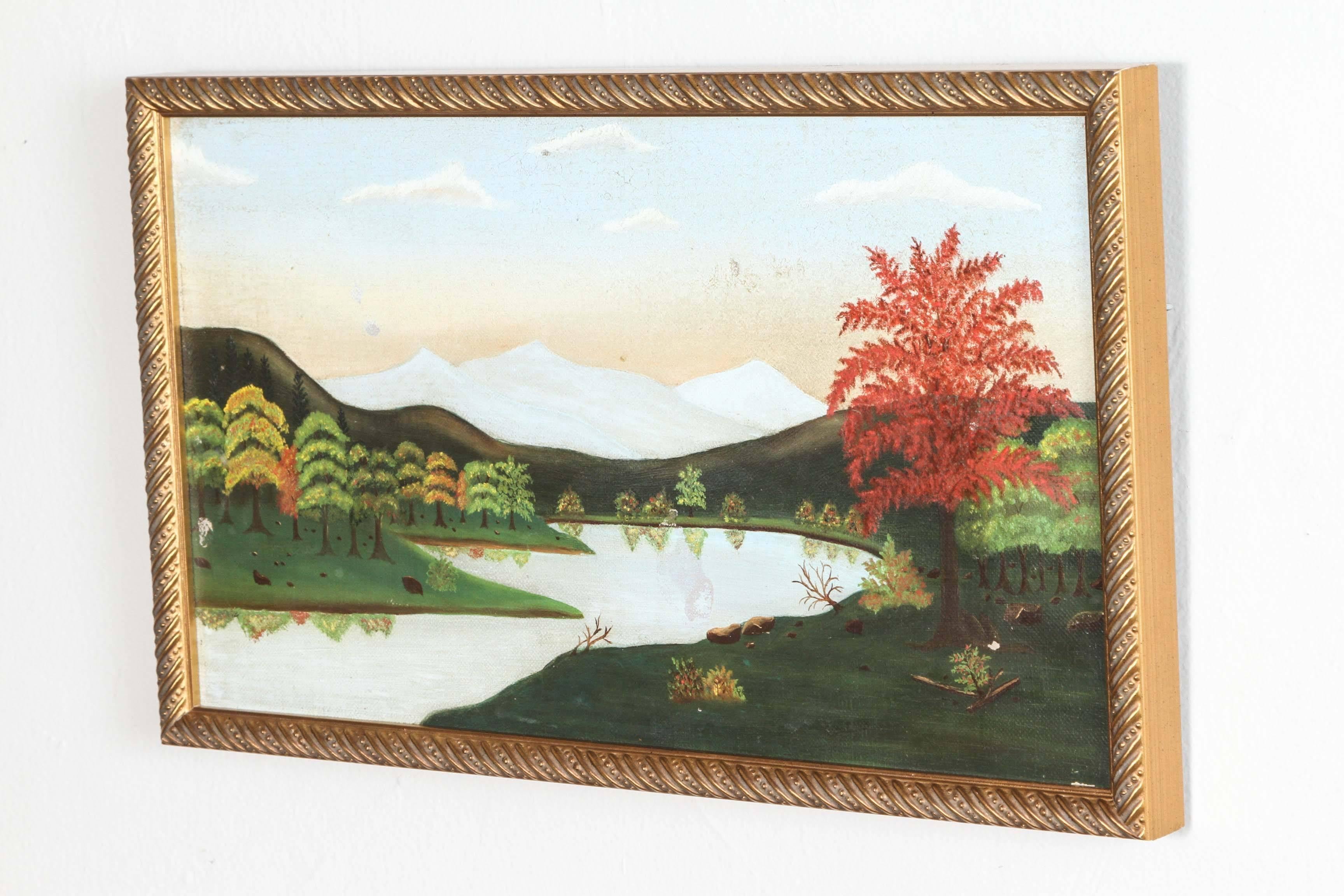 Antique American Folk Art Painting, Oil on Canvas In Good Condition In Los Angeles, CA