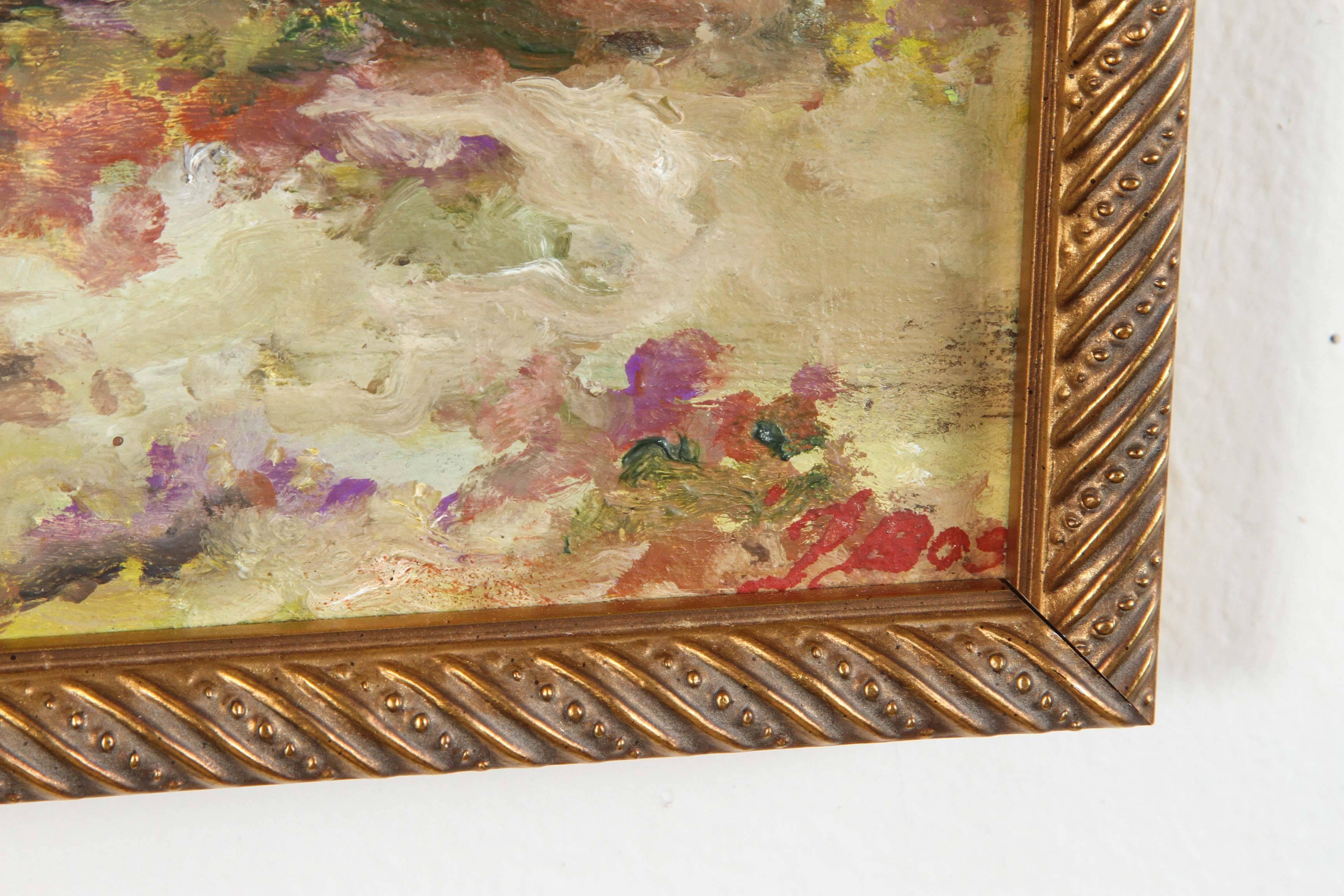 Artist, J. Bose. Signature shown in image 2. Small landscape painting. Oil on board with contemporary frame.              