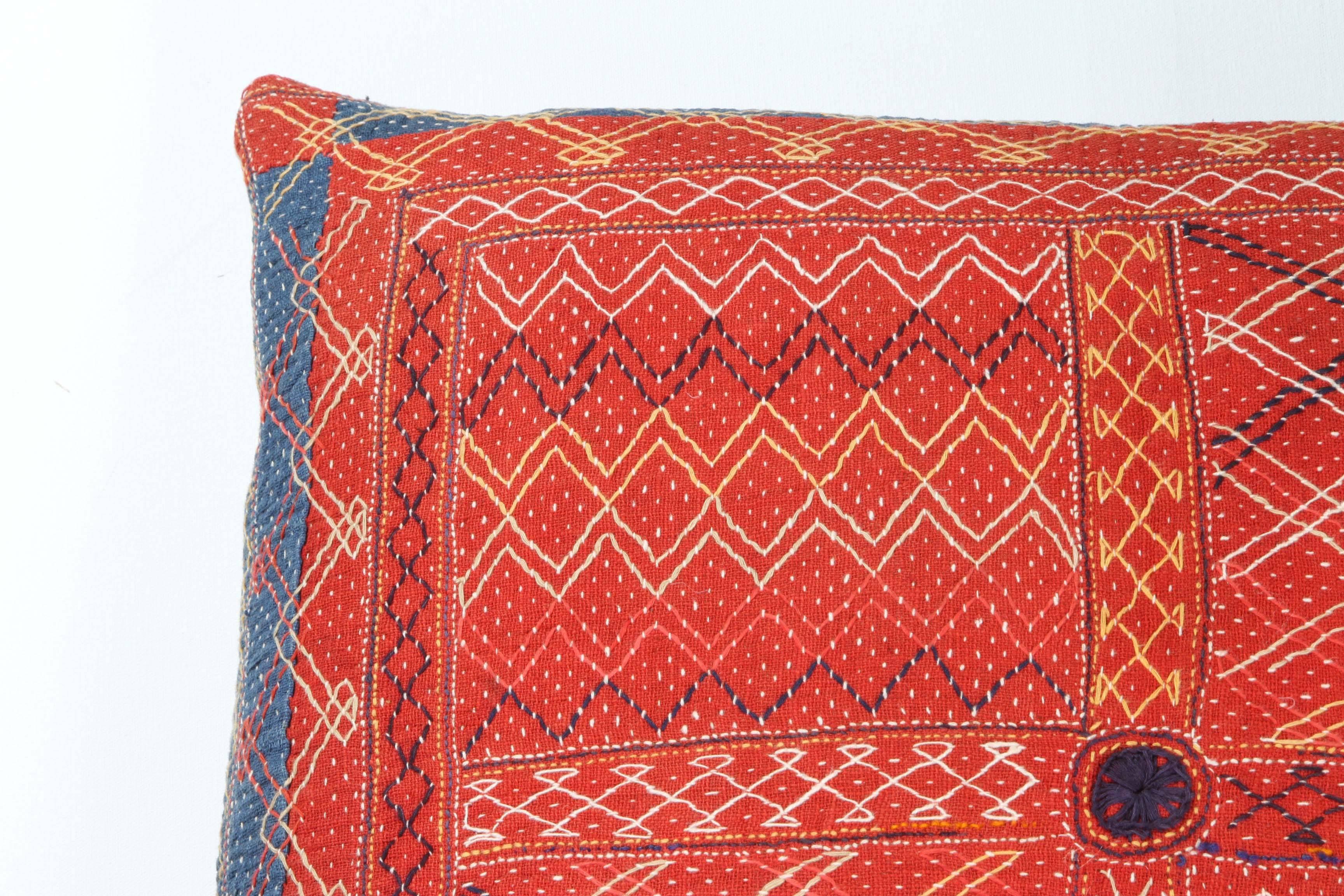 Vintage North Indian quilted storage bag made into a pillow or cushion. All-over quilting stitches on several layers of fabric. Natural linen back, invisible zipper and feather and down fill.