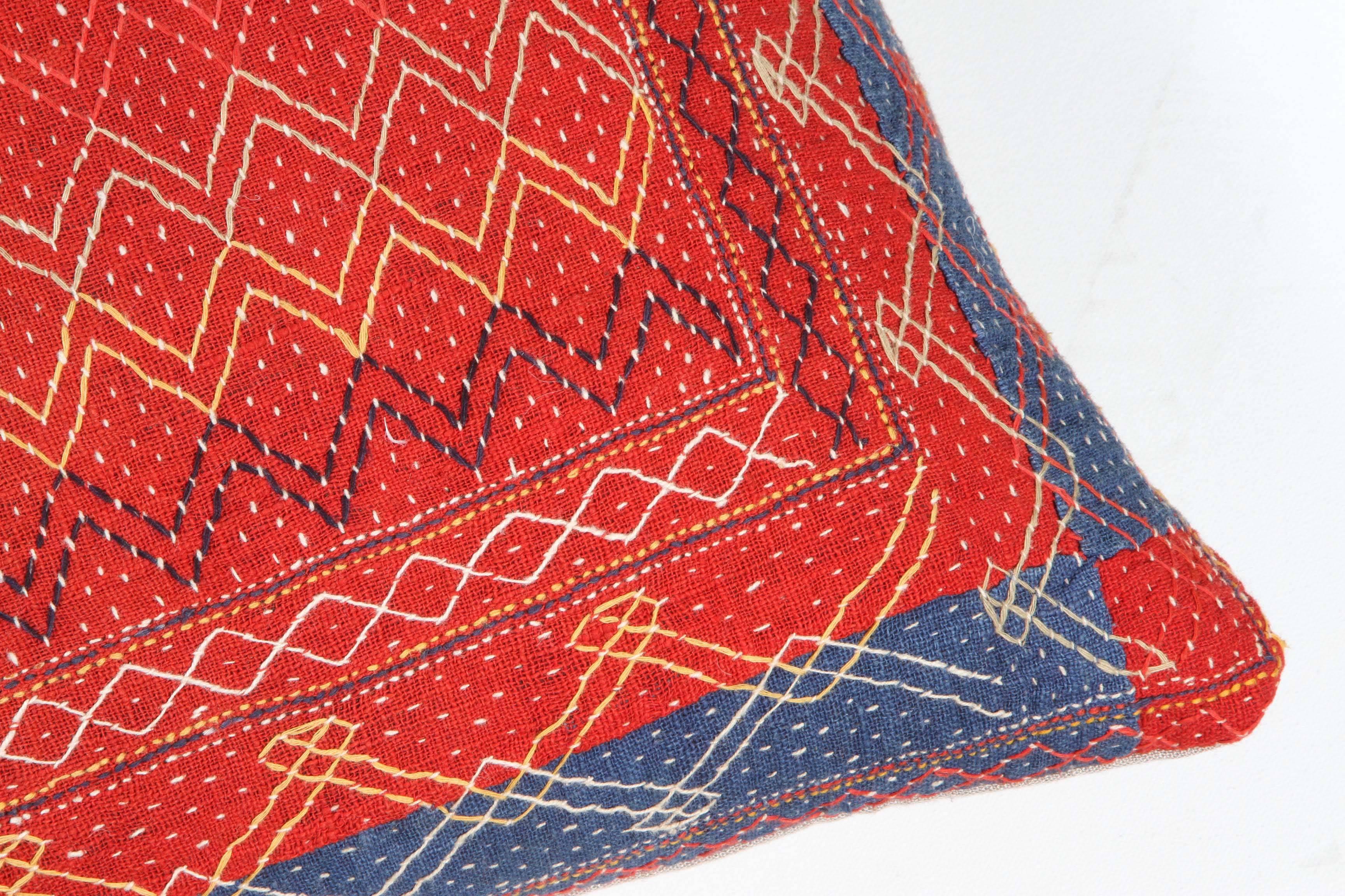 Indian Banjara Cotton Bag Face Pillow in Red, Blue, Yellow, White and Black In Good Condition For Sale In Los Angeles, CA
