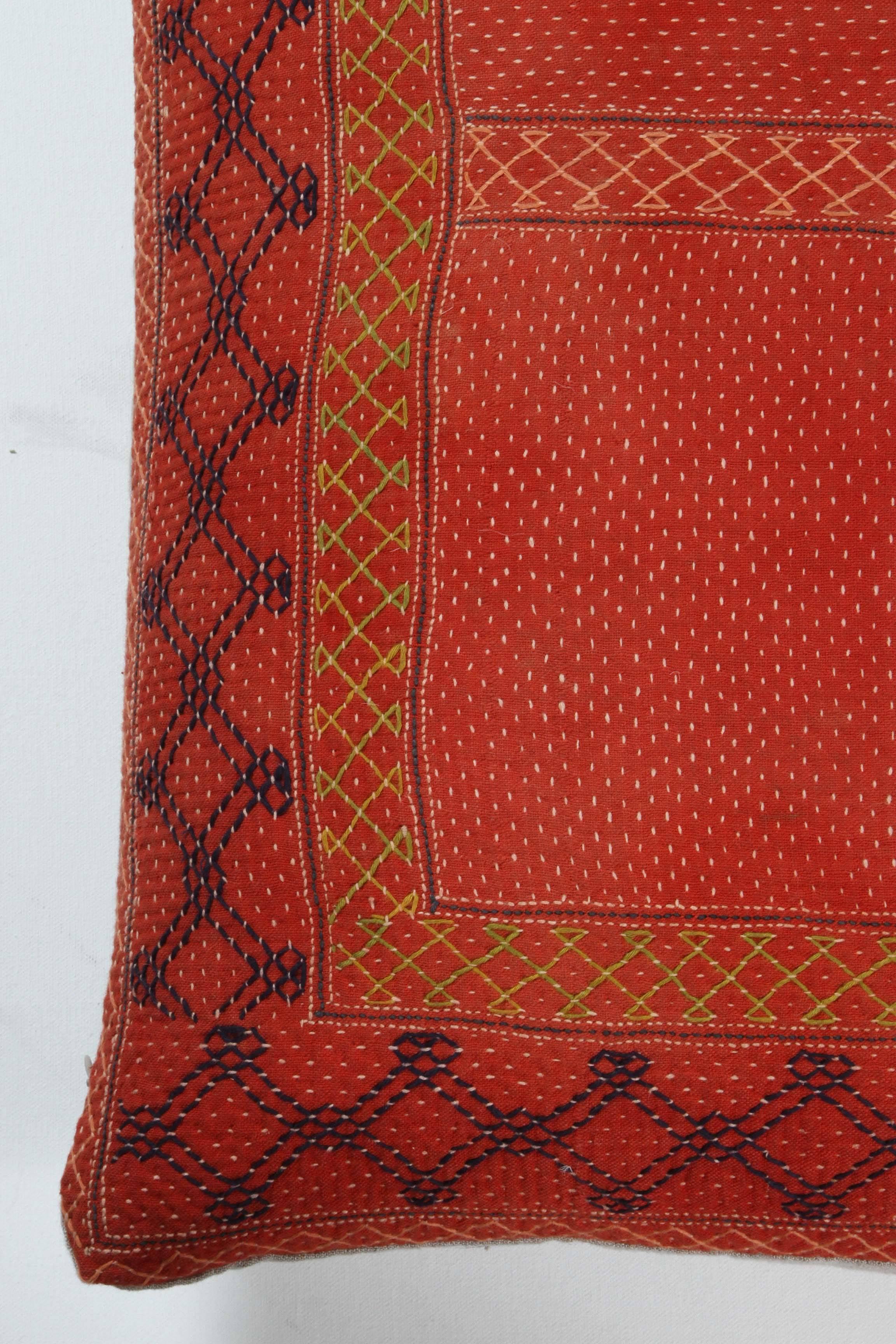Indian Banjara Cotton Bag Face Pillow, Orange-Red, Yellow and Blue In Good Condition For Sale In Los Angeles, CA