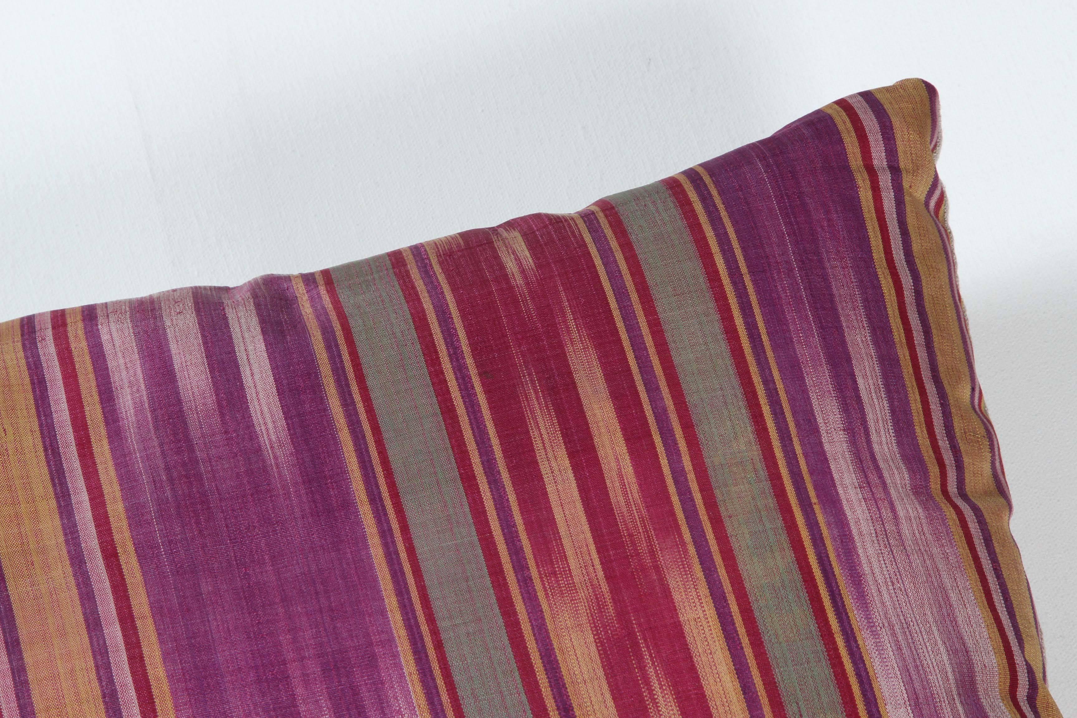 Hand-Woven Central Asian Silk Ikat Pillow, Red, Pink, Gold, Green and Purple For Sale