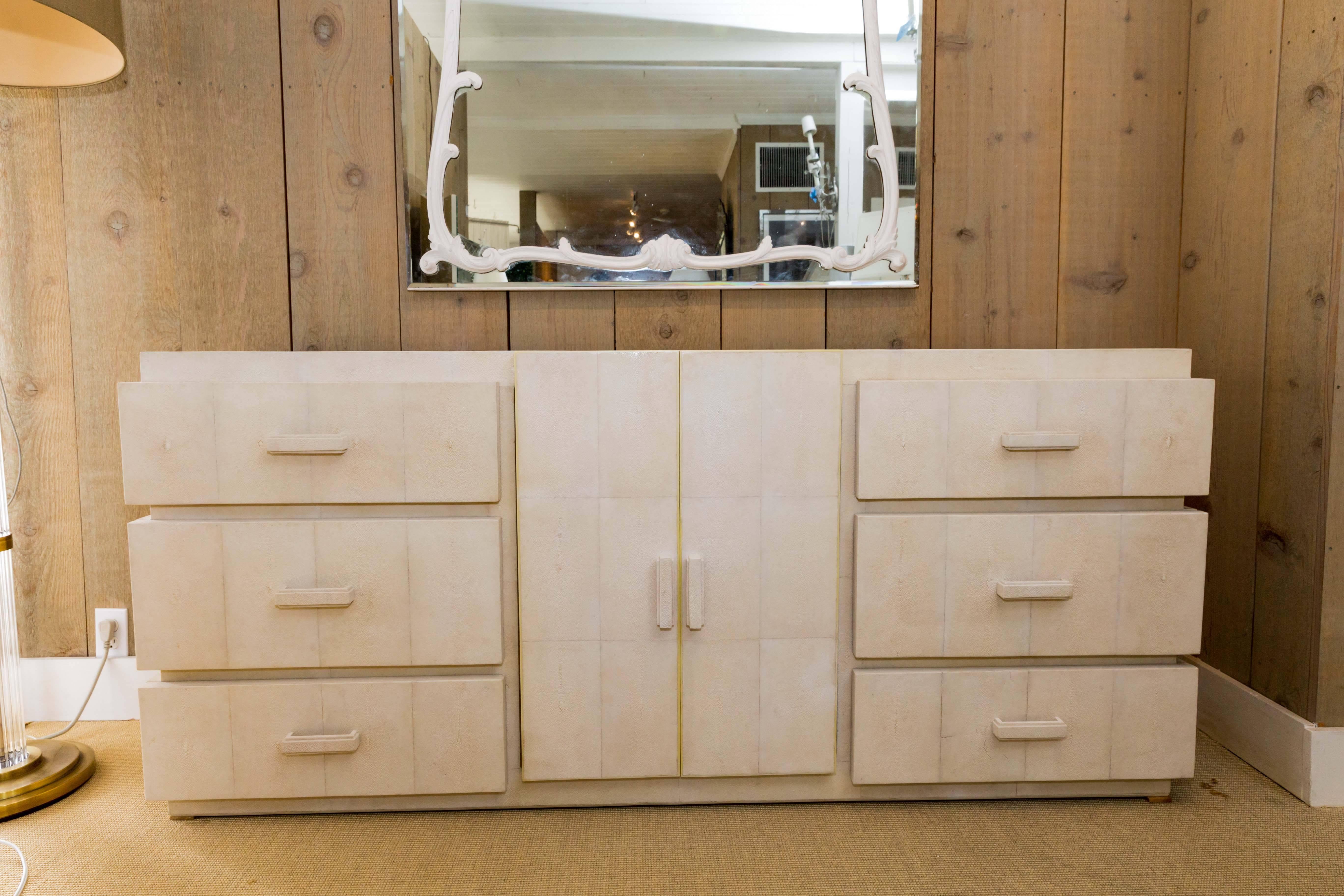 Modern Beautiful White Shagreen Buffet with Six Drawers and Two Cabinet Doors For Sale