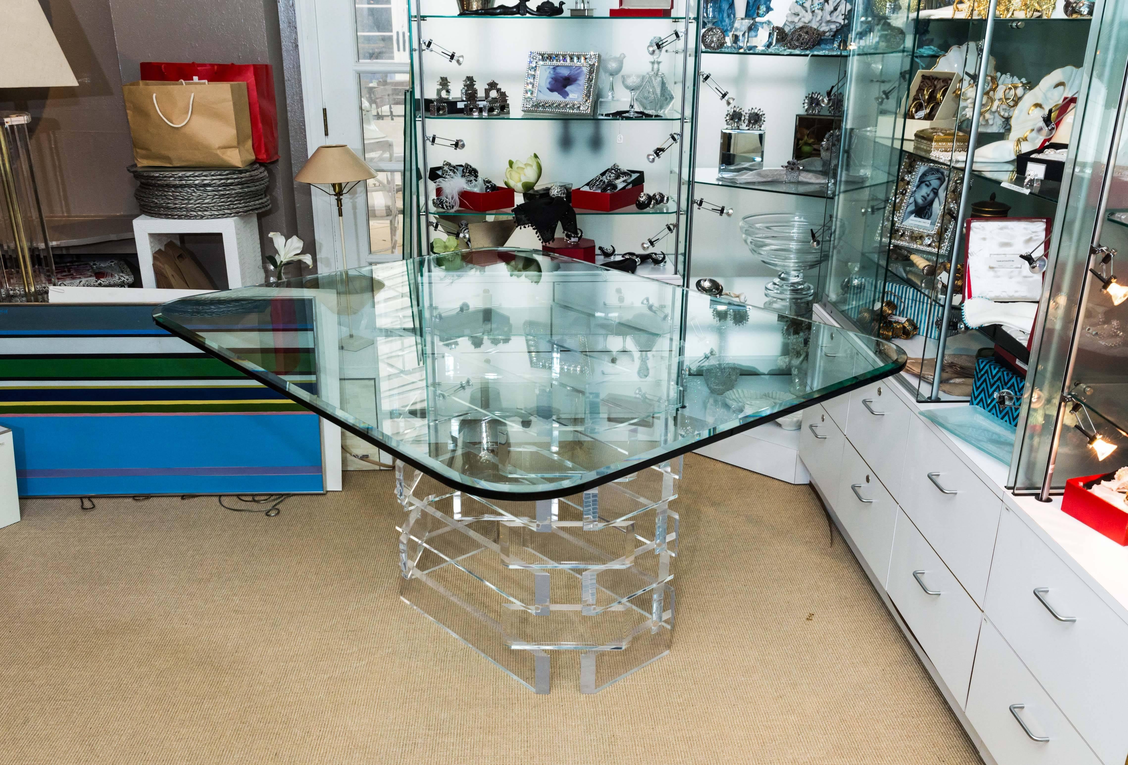Attractive Mid-Century Lucite dining table with beveled glass top.