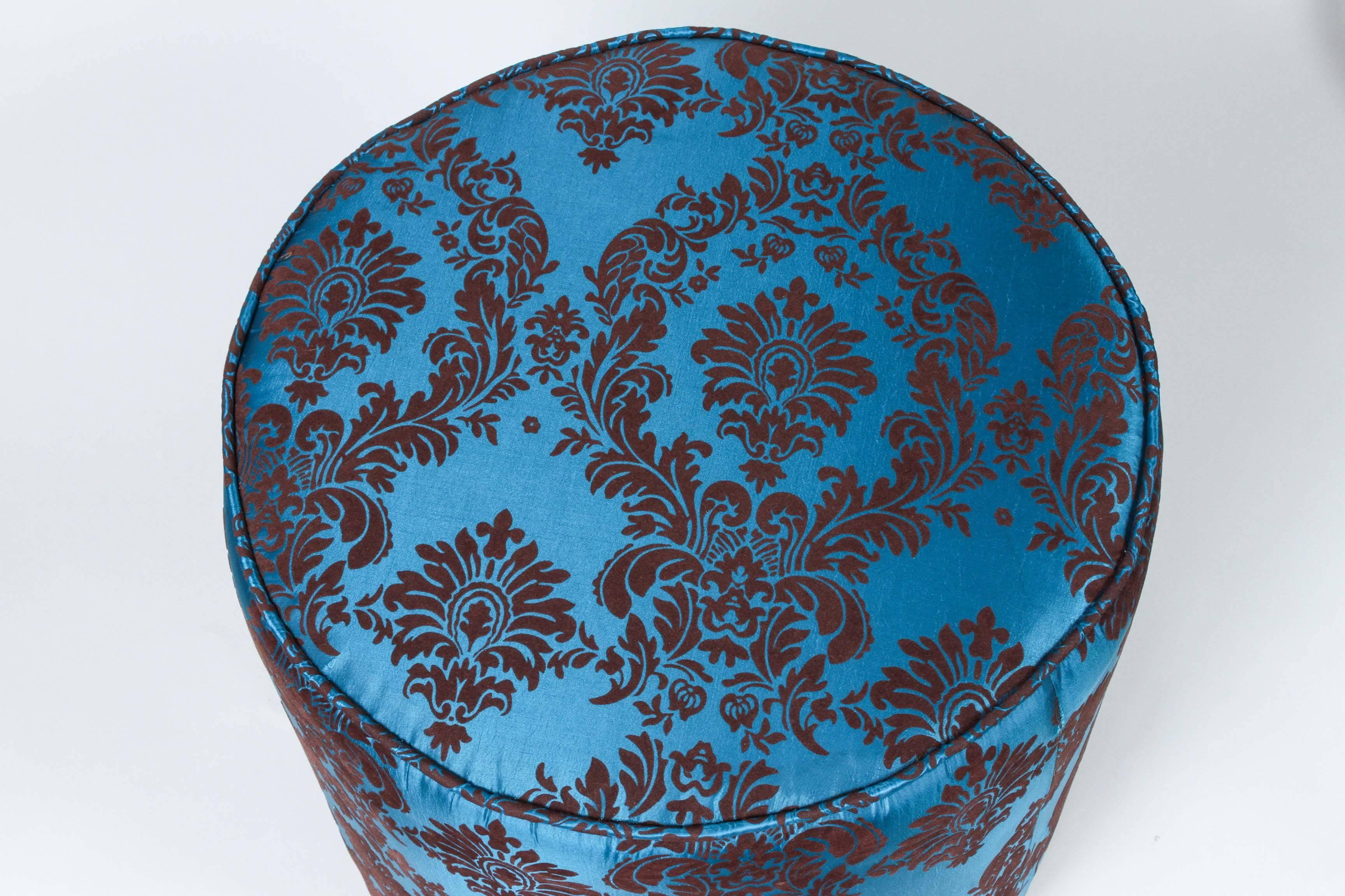 Hand-Crafted Pair of Vintage Blue and Brown Upholstered Round Stools